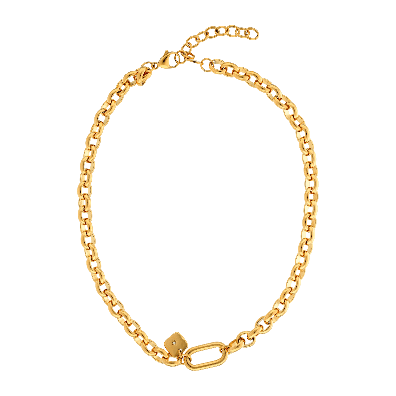 Collier Callas en acier doré maille jaseron ovale avec pampille carrée en cristal Preciosa, 40 cm avec rallonge de 5 cm