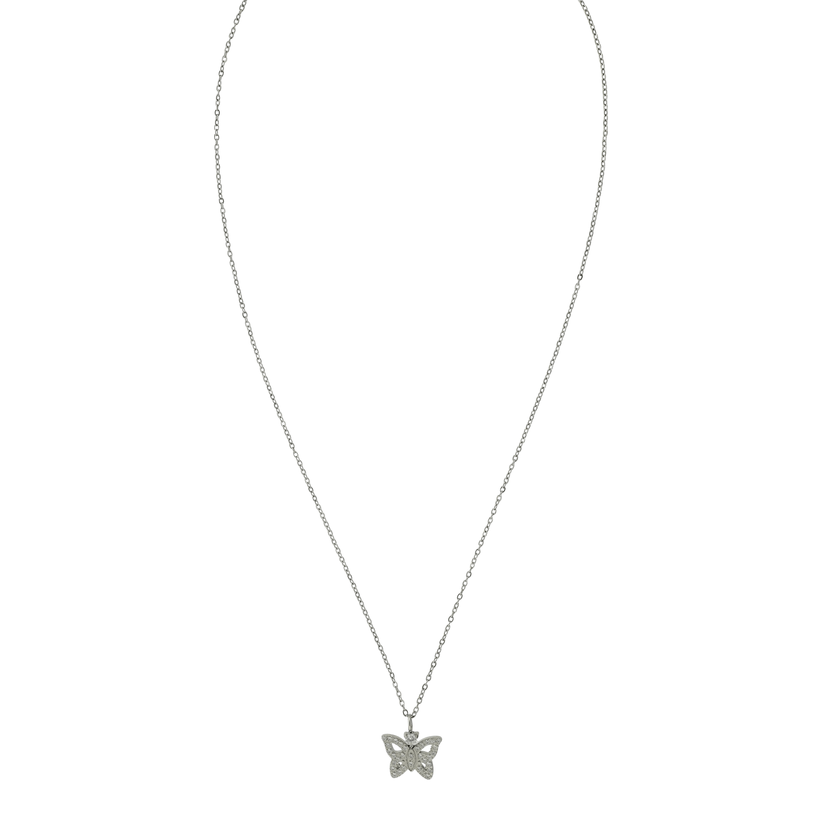 Collier Callas en acier avec pendentif papillon et oxydes de zirconium blancs, 40 cm avec rallonge de 5 cm