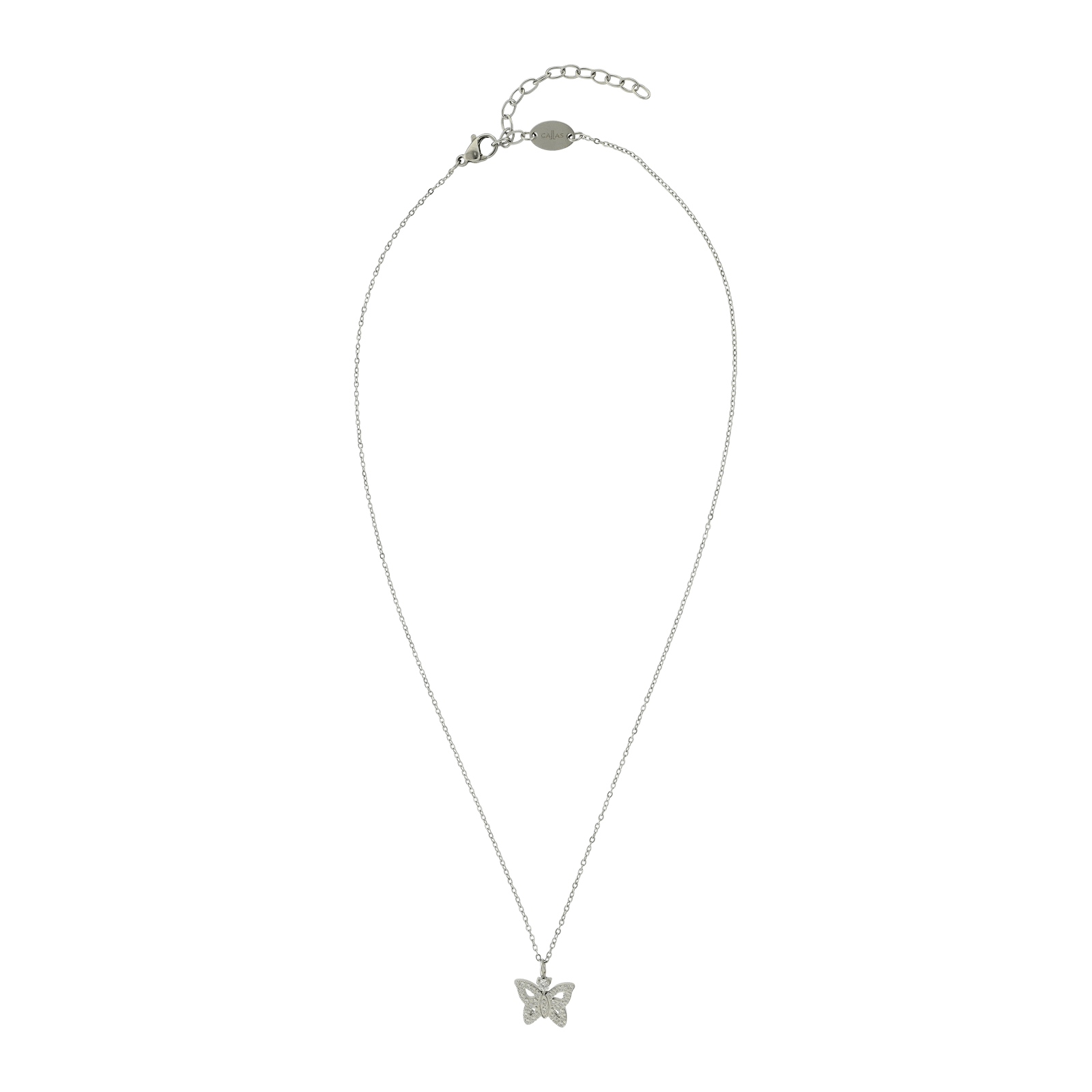 Collier Callas en acier avec pendentif papillon et oxydes de zirconium blancs, 40 cm avec rallonge de 5 cm
