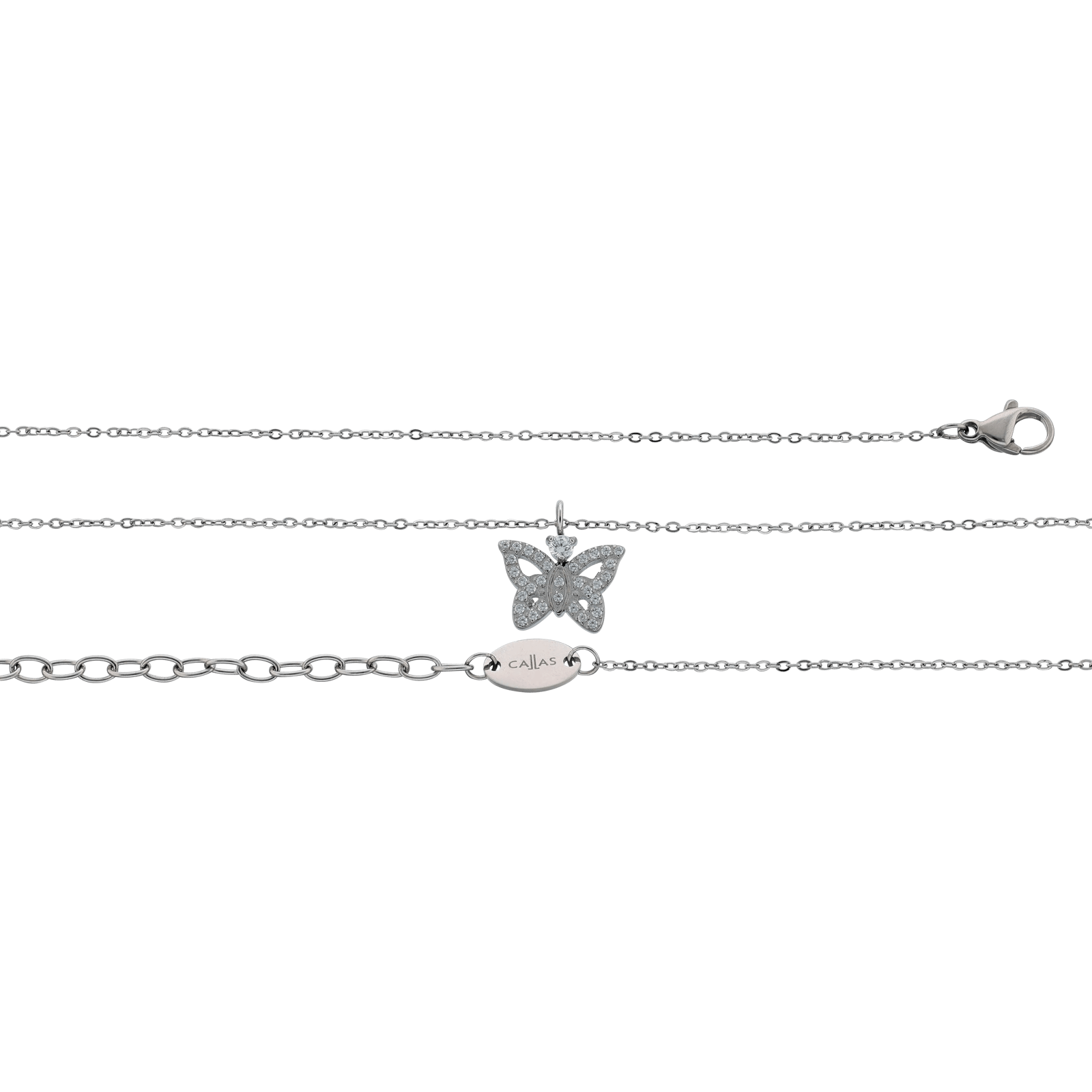 Collier Callas en acier avec pendentif papillon et oxydes de zirconium blancs, 40 cm avec rallonge de 5 cm