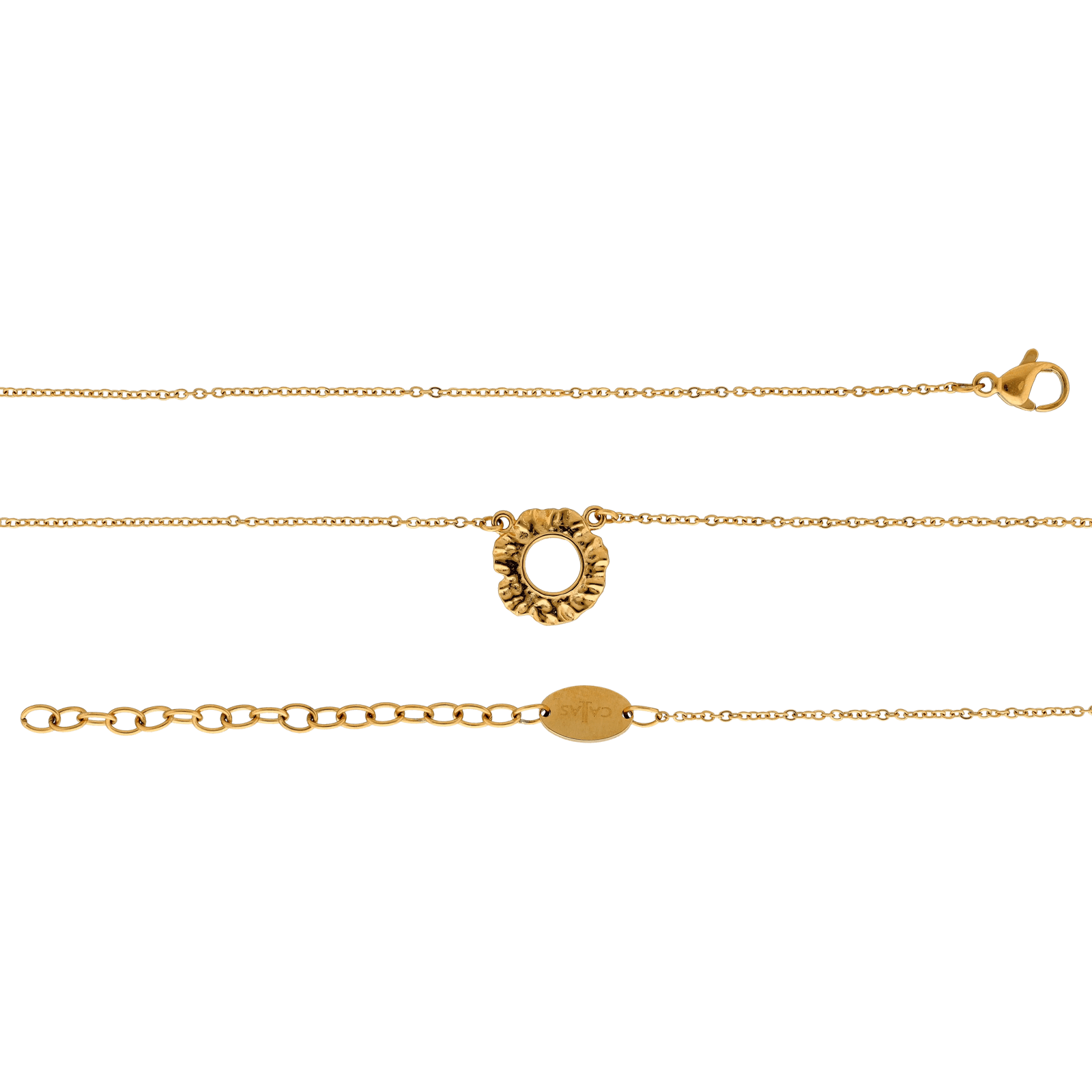 Collier Callas en acier doré avec pendentif rond martelé fantaisie, 40 cm avec rallonge de 5 cm
