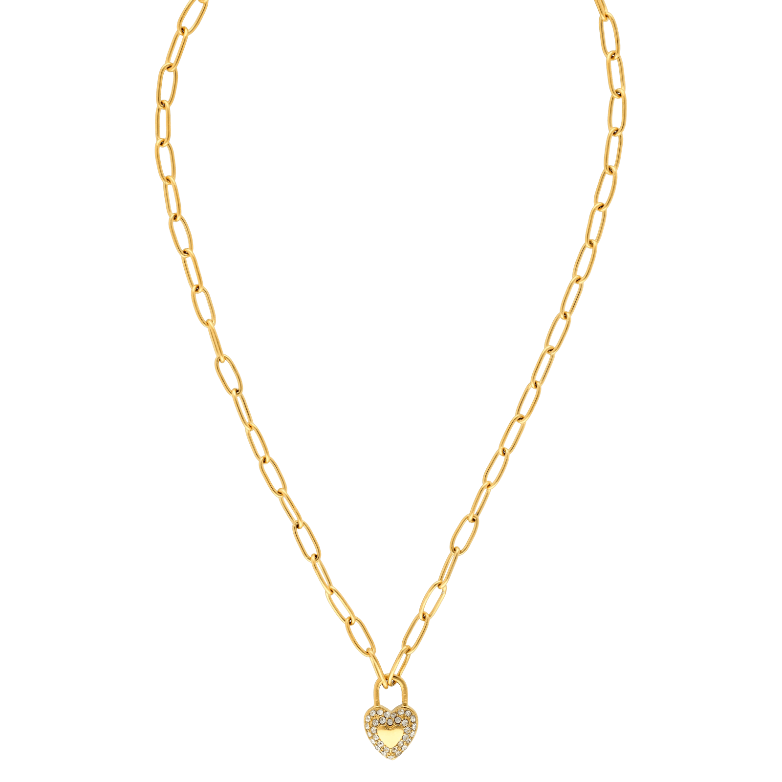 Collier Callas en acier doré maille forçat lisse avec pendentif cœur en cristal Preciosa, 40 cm avec rallonge de 5 cm