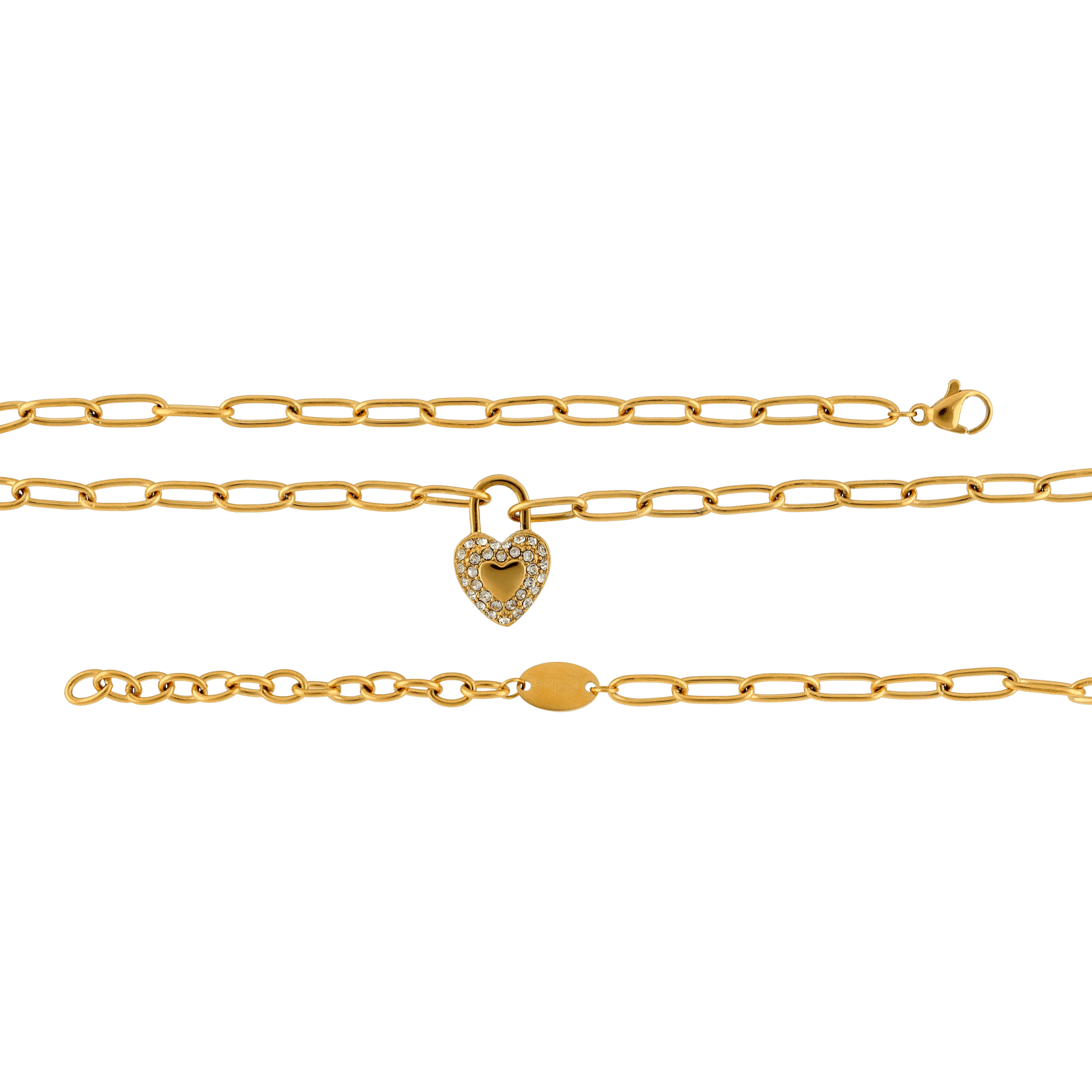 Collier Callas en acier doré maille forçat lisse avec pendentif cœur en cristal Preciosa, 40 cm avec rallonge de 5 cm