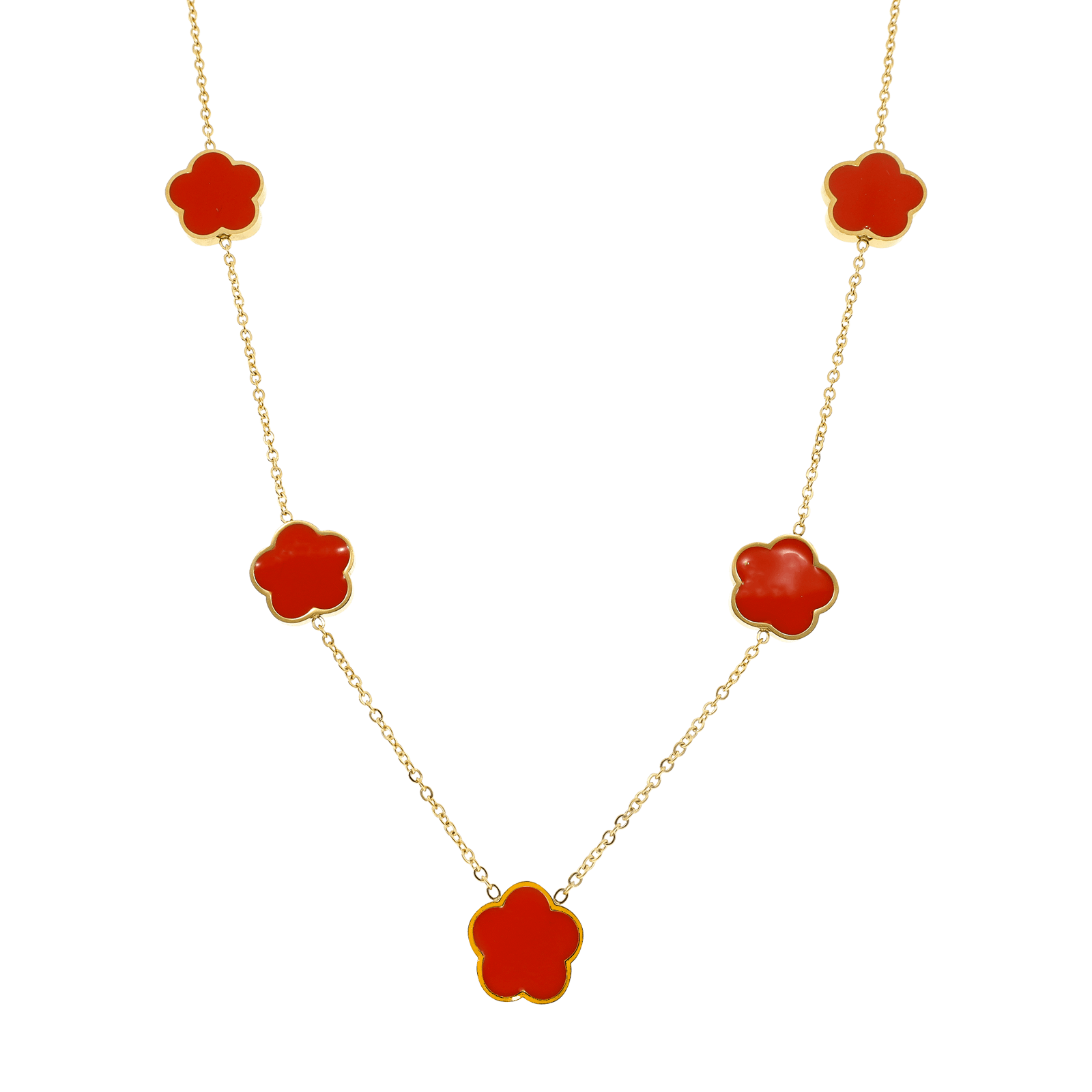 collier callas acier doré quatre trèfles époxy orange 40 plus 3 mm