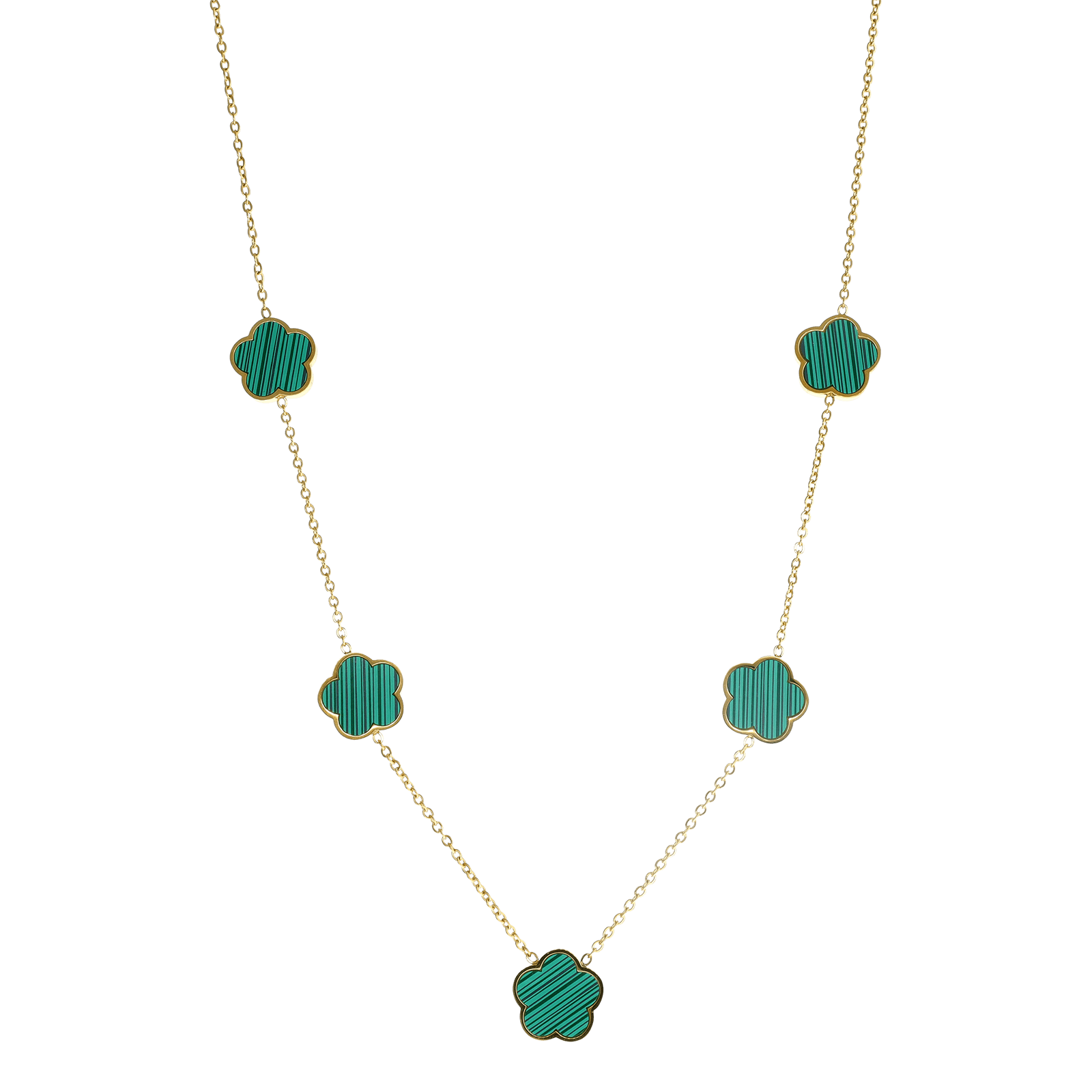collier callas acier doré quatre trèfles effet malachite 40 plus 3 mm