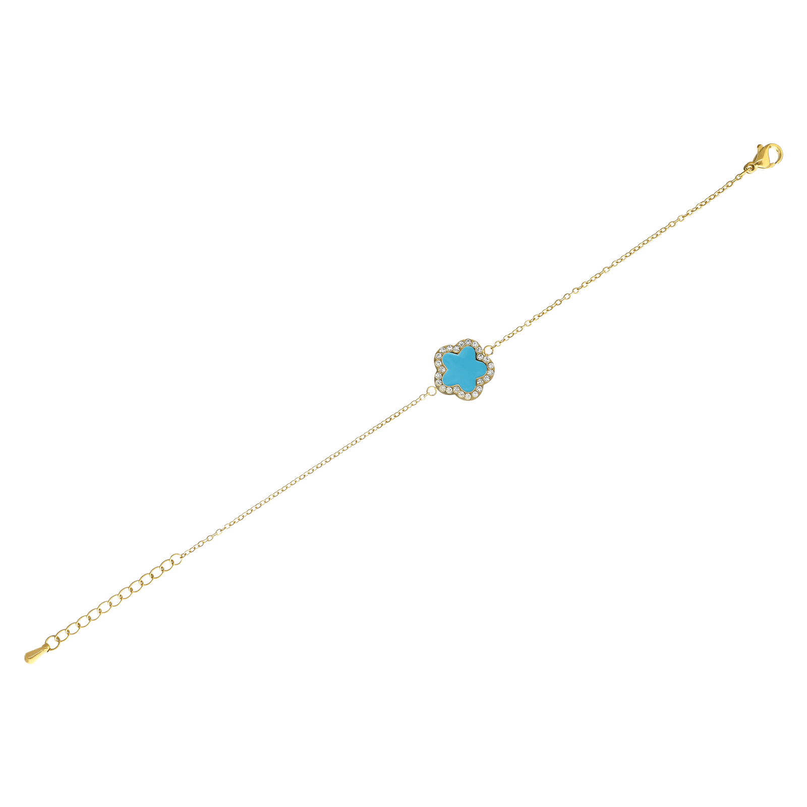 Bracelet Callas Acier doré 1 trèfle turquoise Oxyde de Zirconium 16 plus 3 centimètres
