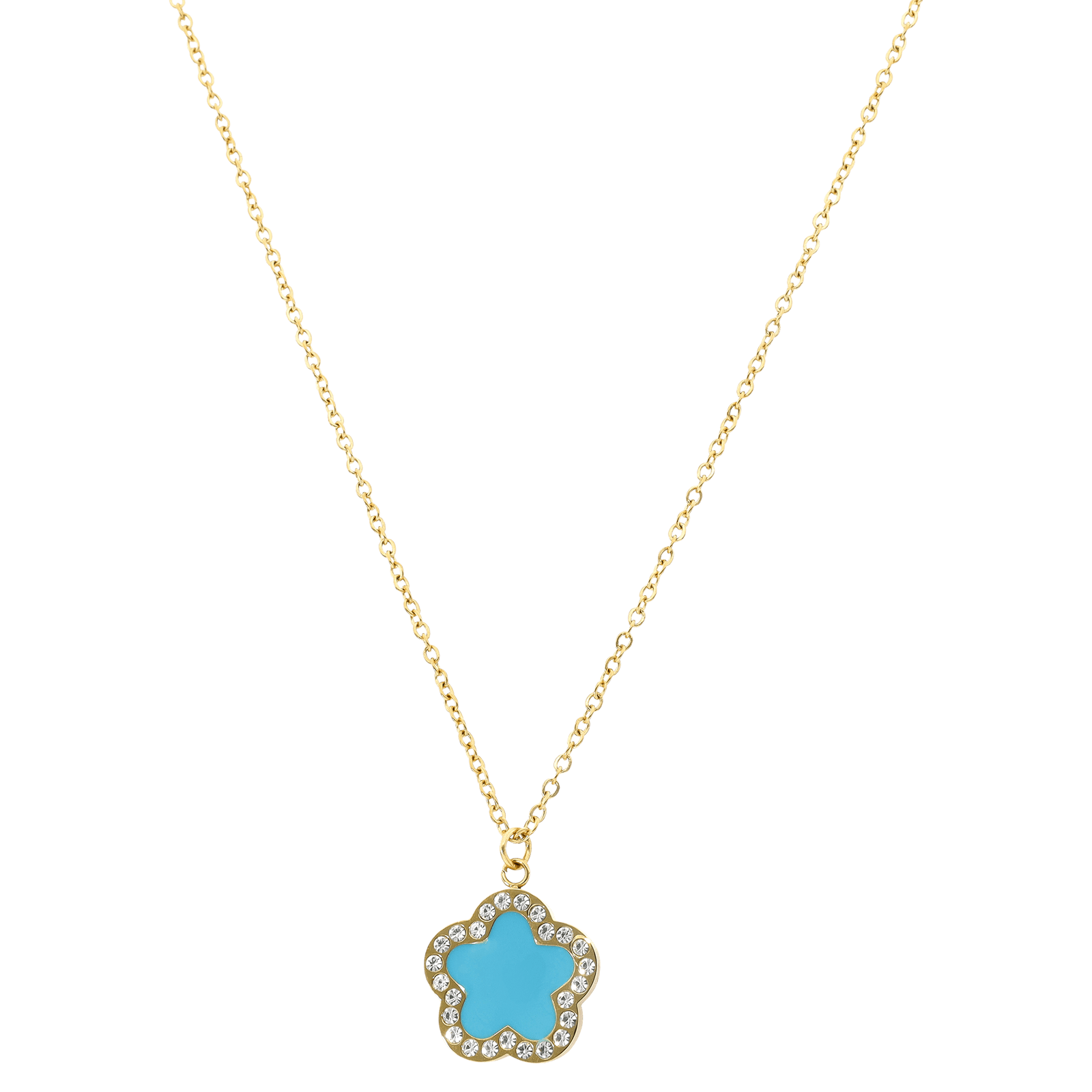 Collier Callas Acier doré un trèfles turquoise Oxyde de Zirconium 40 plus 5 centimètres