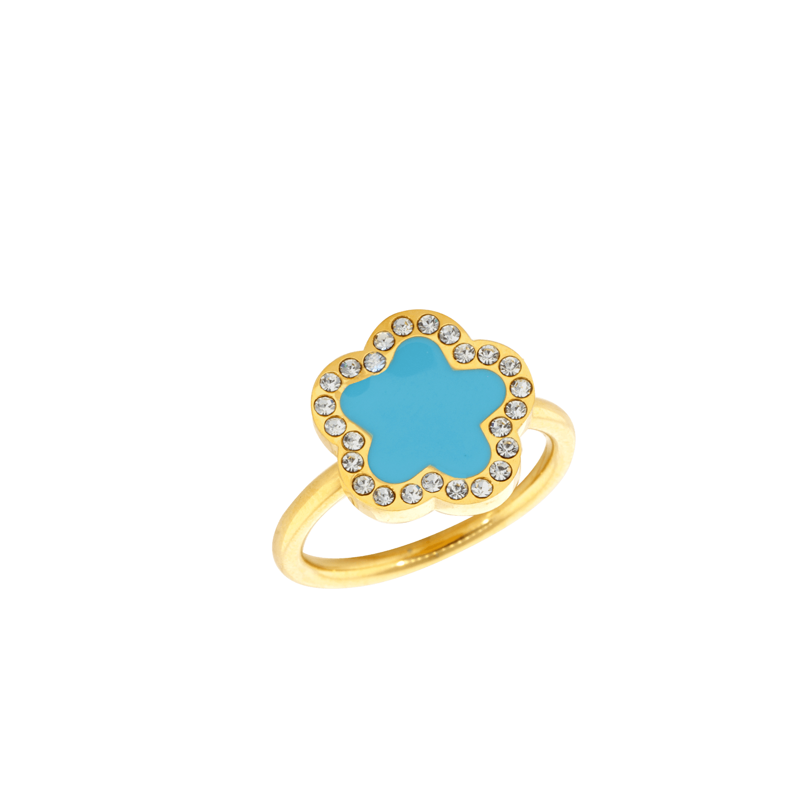 Bague Callas Acier doré trèfle turquoise et Oxyde de Zirconium