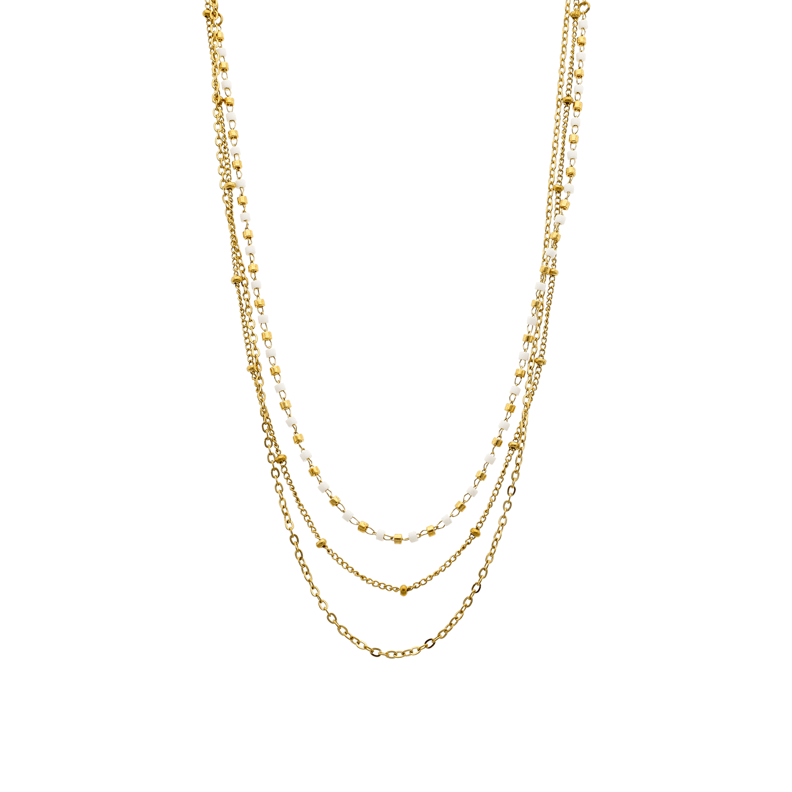 collier callas acier doré trois rangs grain perle miyuki blanc 42 plus 5 mm