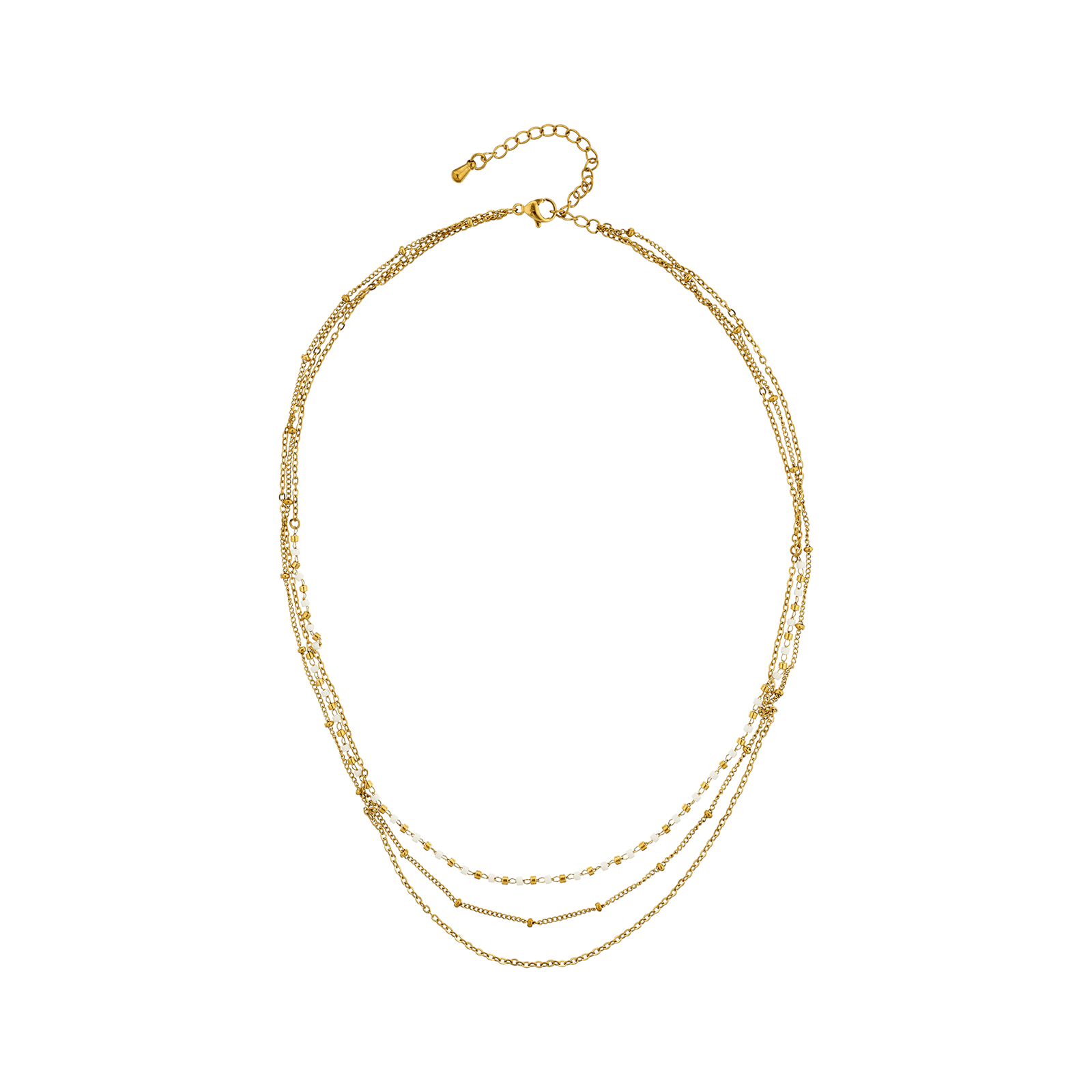 collier callas acier doré trois rangs grain perle miyuki blanc 42 plus 5 mm