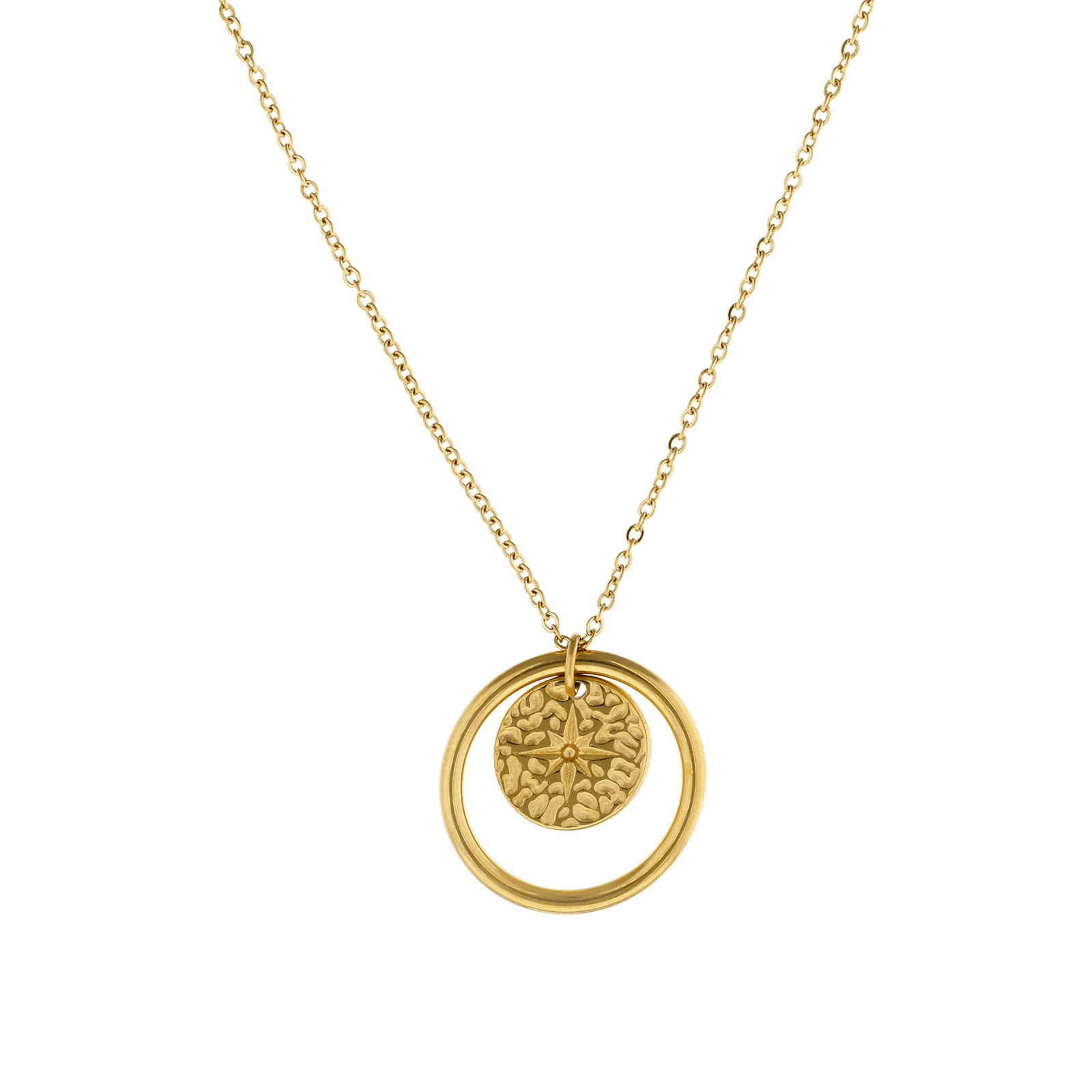 Collier Callas Acier doré Pendentif cercle Médaille motif fantaisie étoile 42 plus 5 centimètres