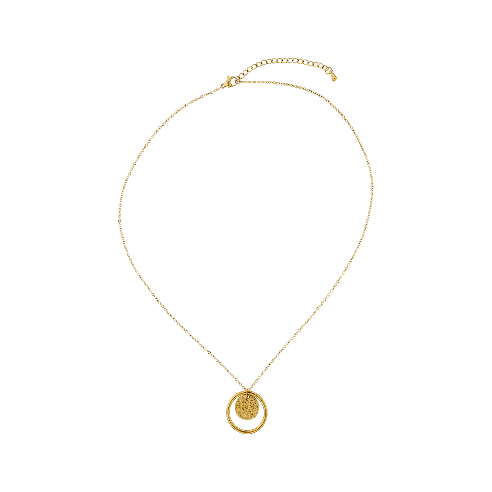 Collier Callas Acier doré Pendentif cercle Médaille motif fantaisie étoile 42 plus 5 centimètres