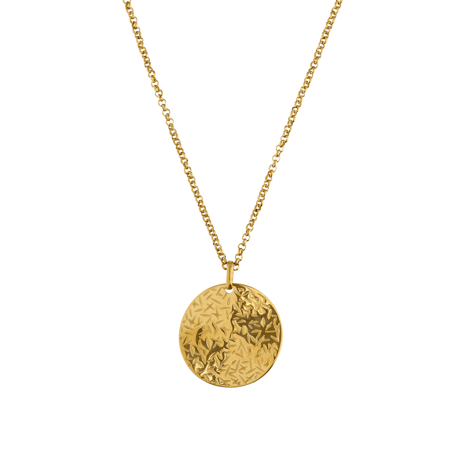 Collier Callas Acier doré Pendentif Médaille fantaisie ciselé 50 plus 5 centimètres