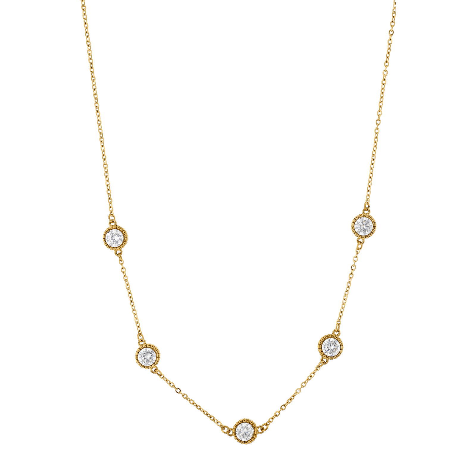 Collier Callas Acier doré 5 Zircons blanc 42 plus 5 centimètres