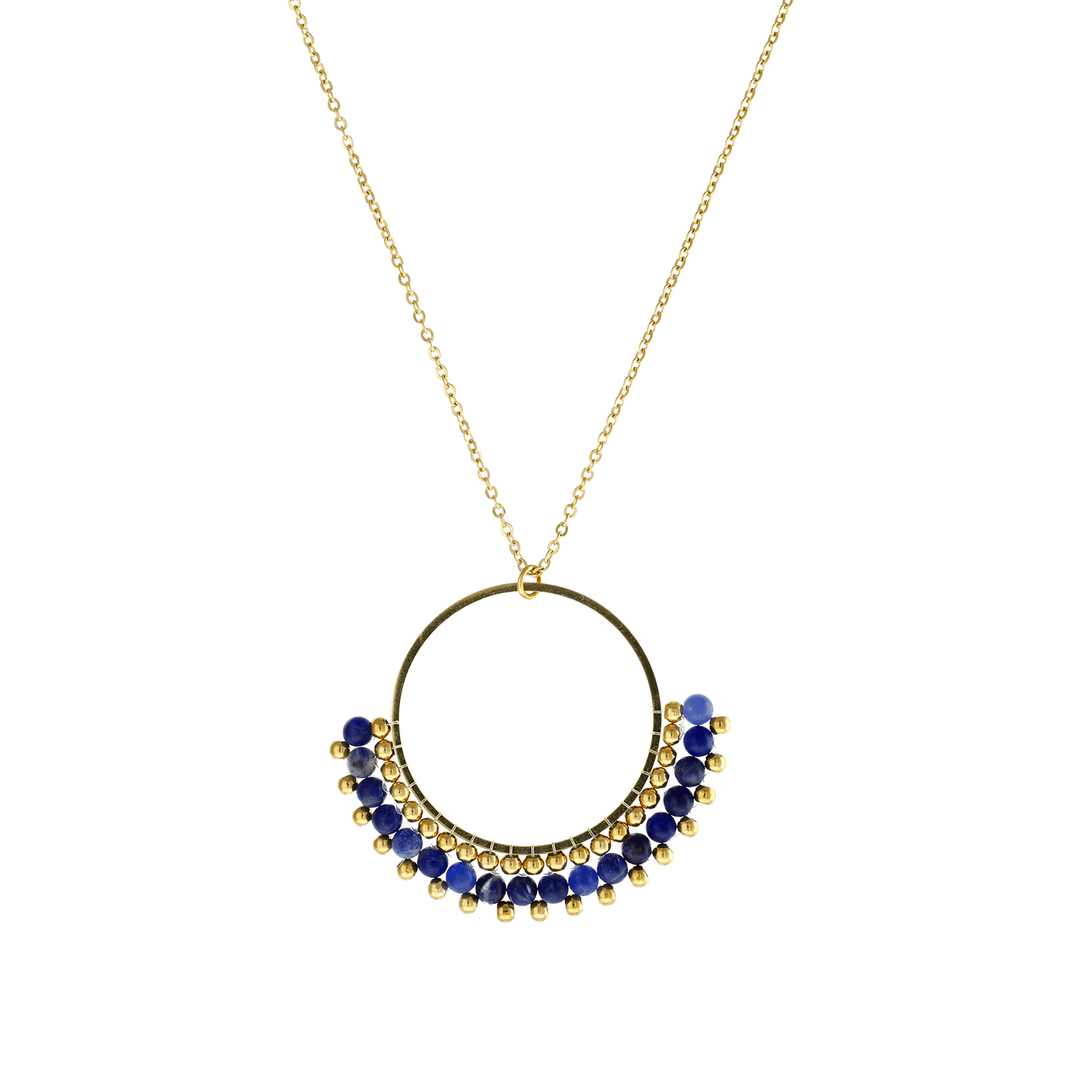 sautoir Callas Acier doré Pendentif cercle pierres bleues mates 69 plus 5 centimètres