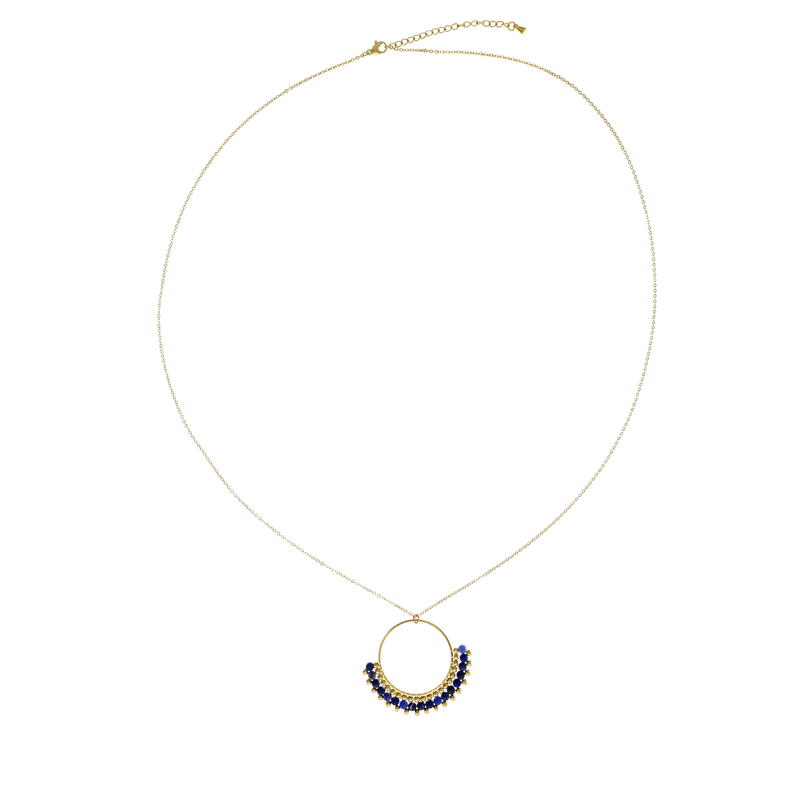 sautoir Callas Acier doré Pendentif cercle pierres bleues mates 69 plus 5 centimètres