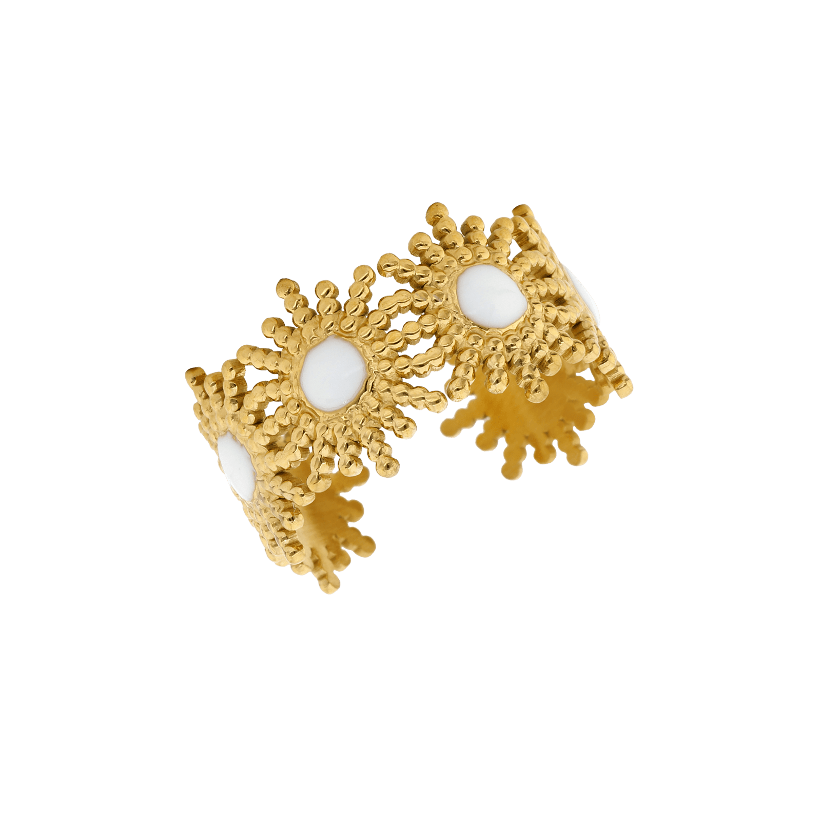 Bague Callas Acier doré ajustable motif soleil époxy blanche