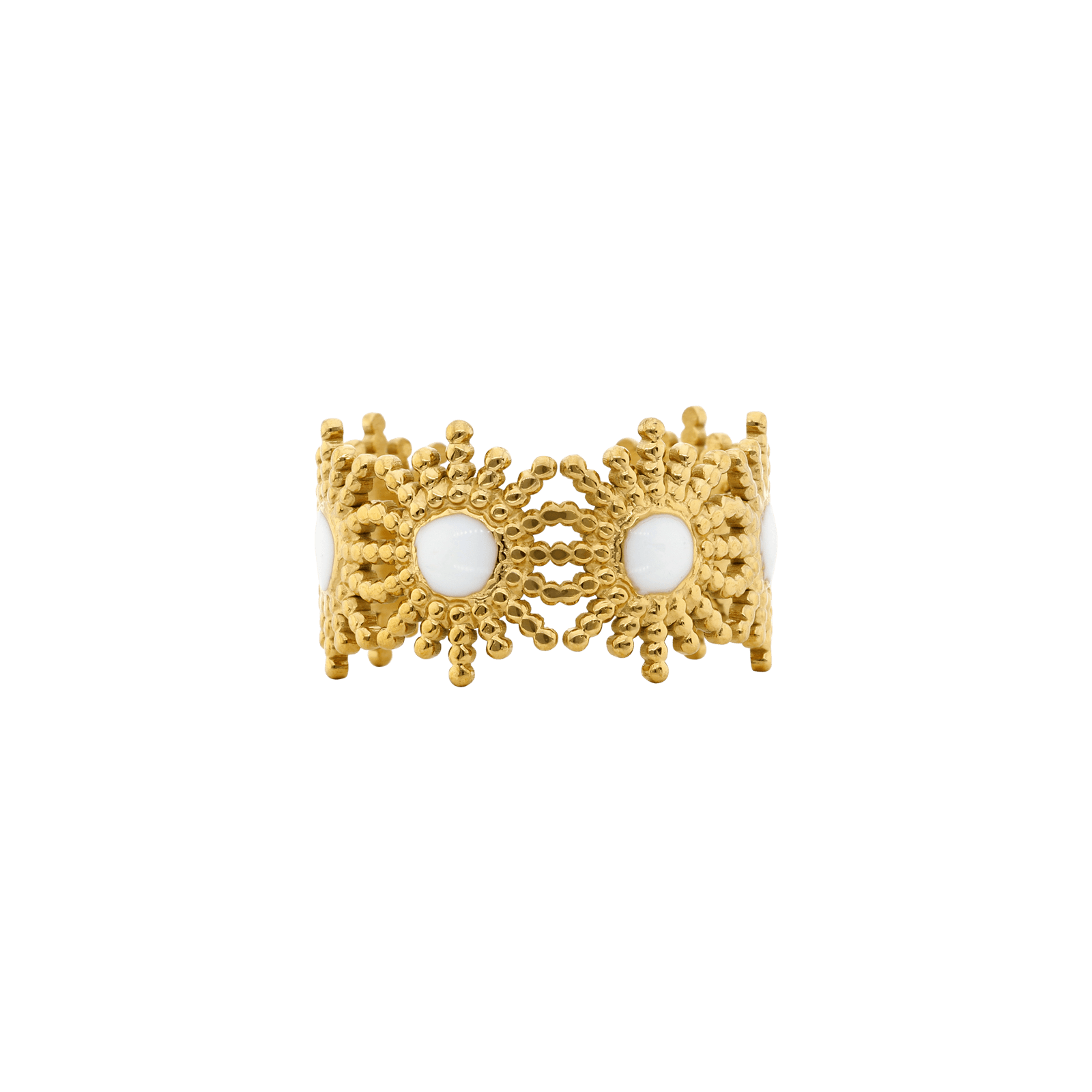 Bague Callas Acier doré ajustable motif soleil époxy blanche