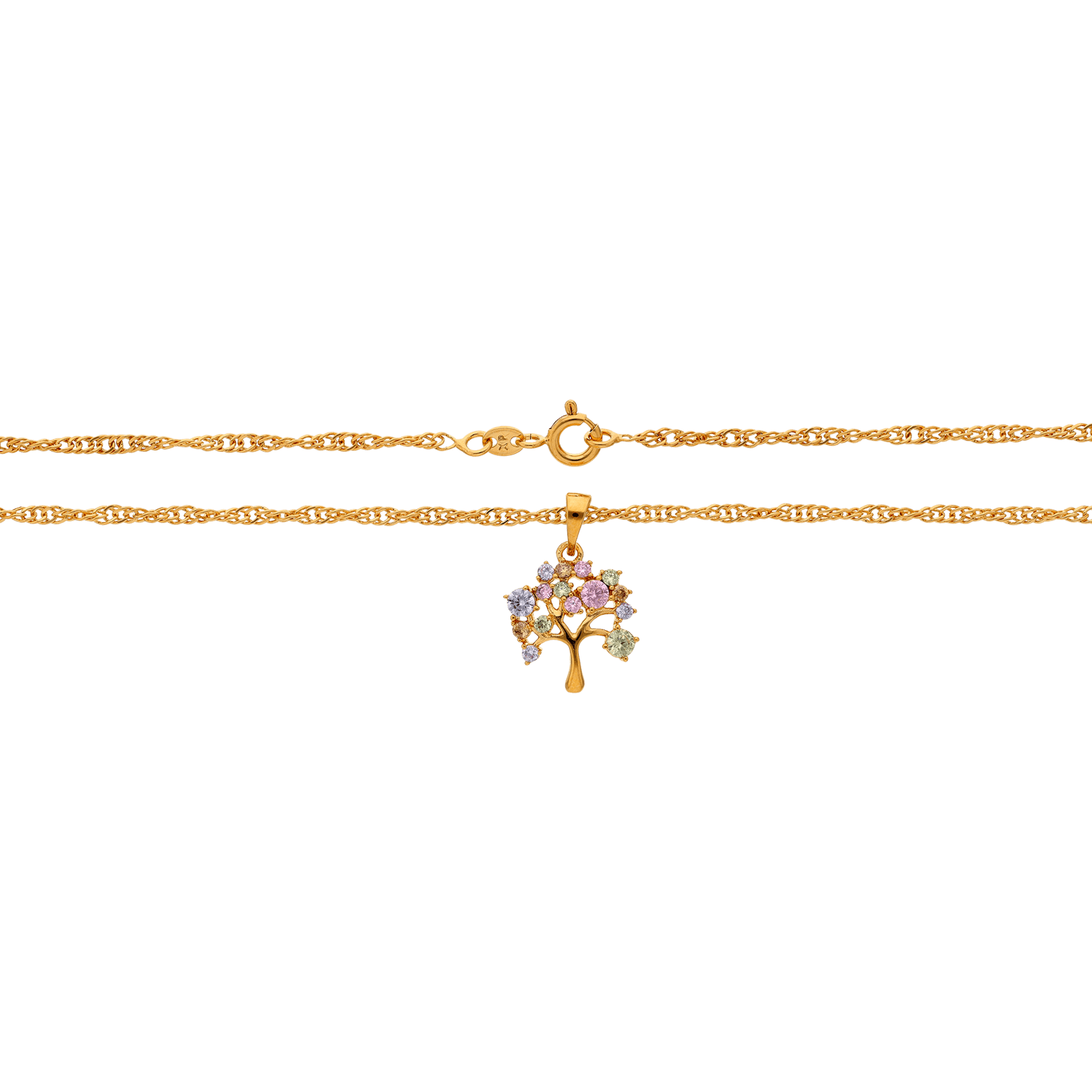 parure plaqué or pendentif et chaîne et Boucles d'Oreilles arbre serti pierres couleurs