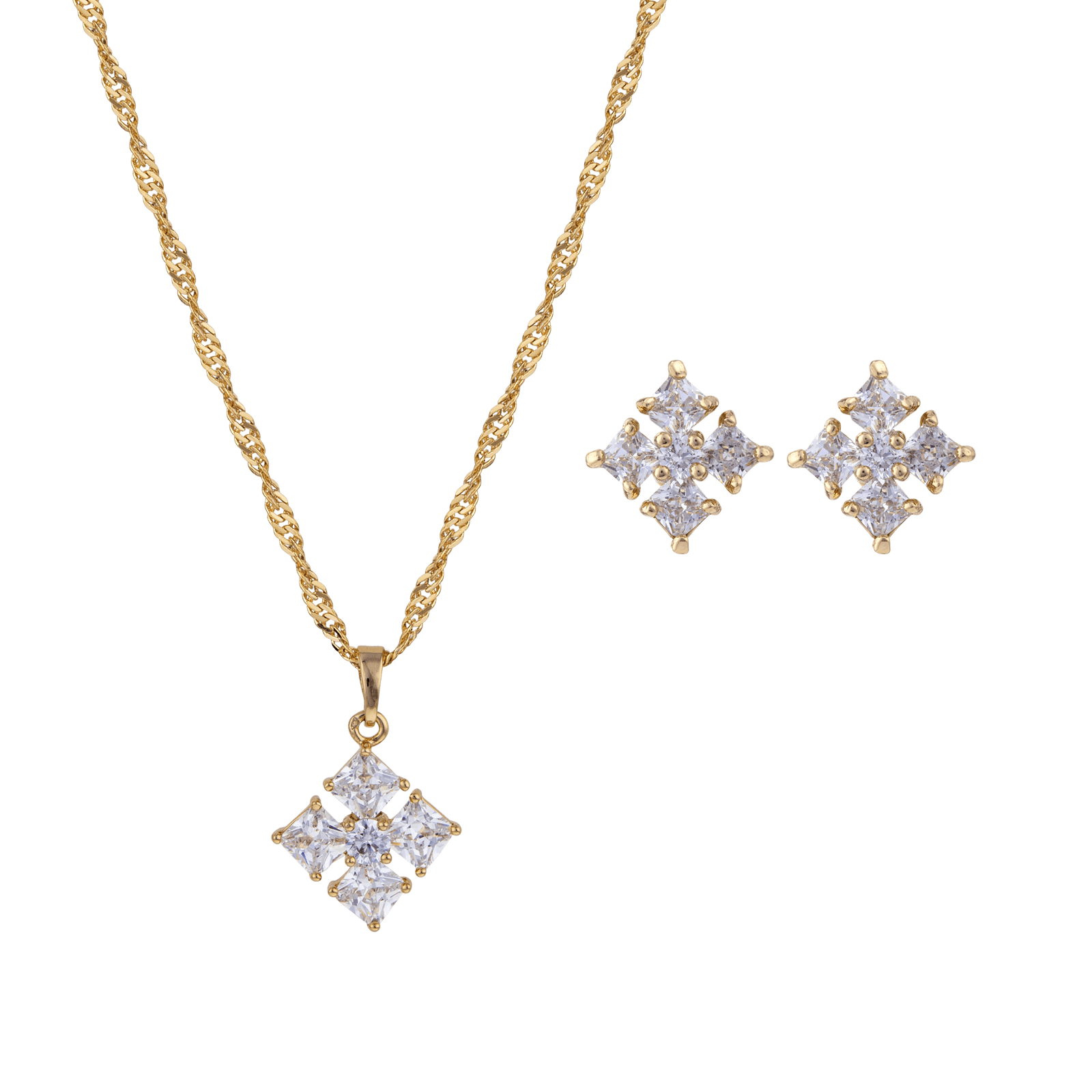 parure plaqué or Collier et Boucles d'Oreilles 4 Oxyde de Zirconium carrée