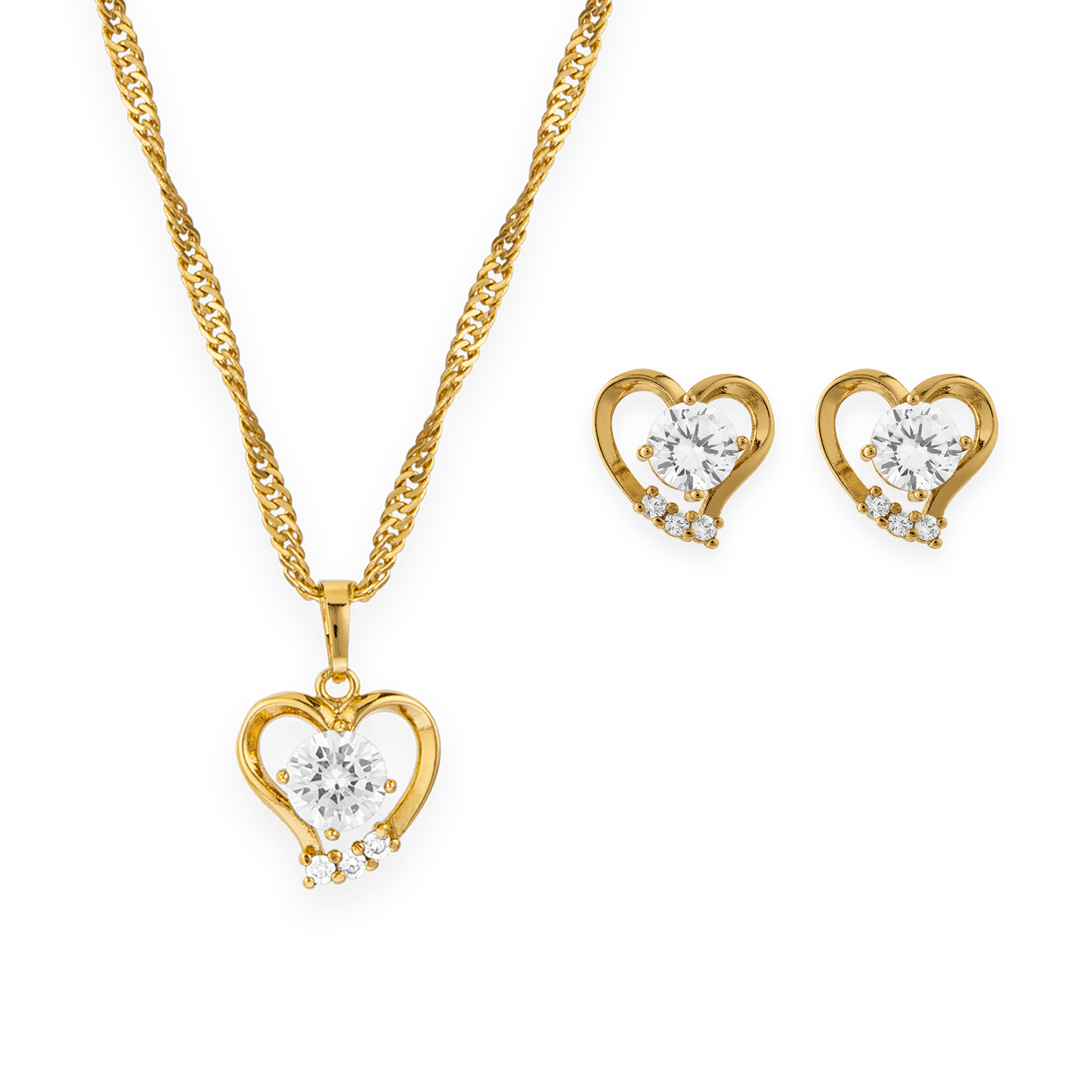 parure plaqué or Collier et Boucles d'Oreilles puce coeur Oxyde de Zirconium