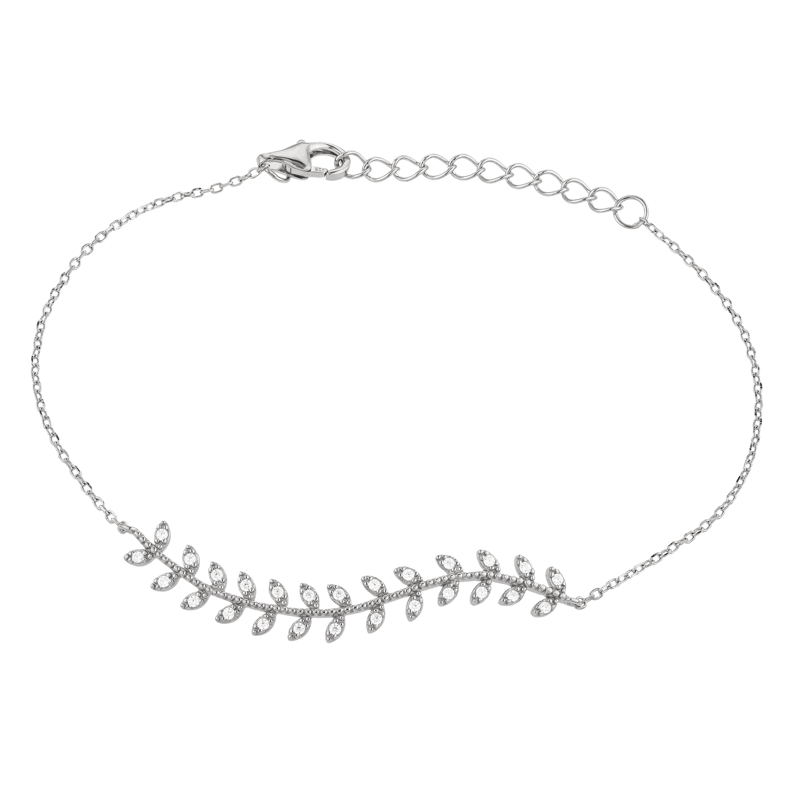 bracelet argent argent centre feuillage sertie oxyde de zirconium 17+3mm