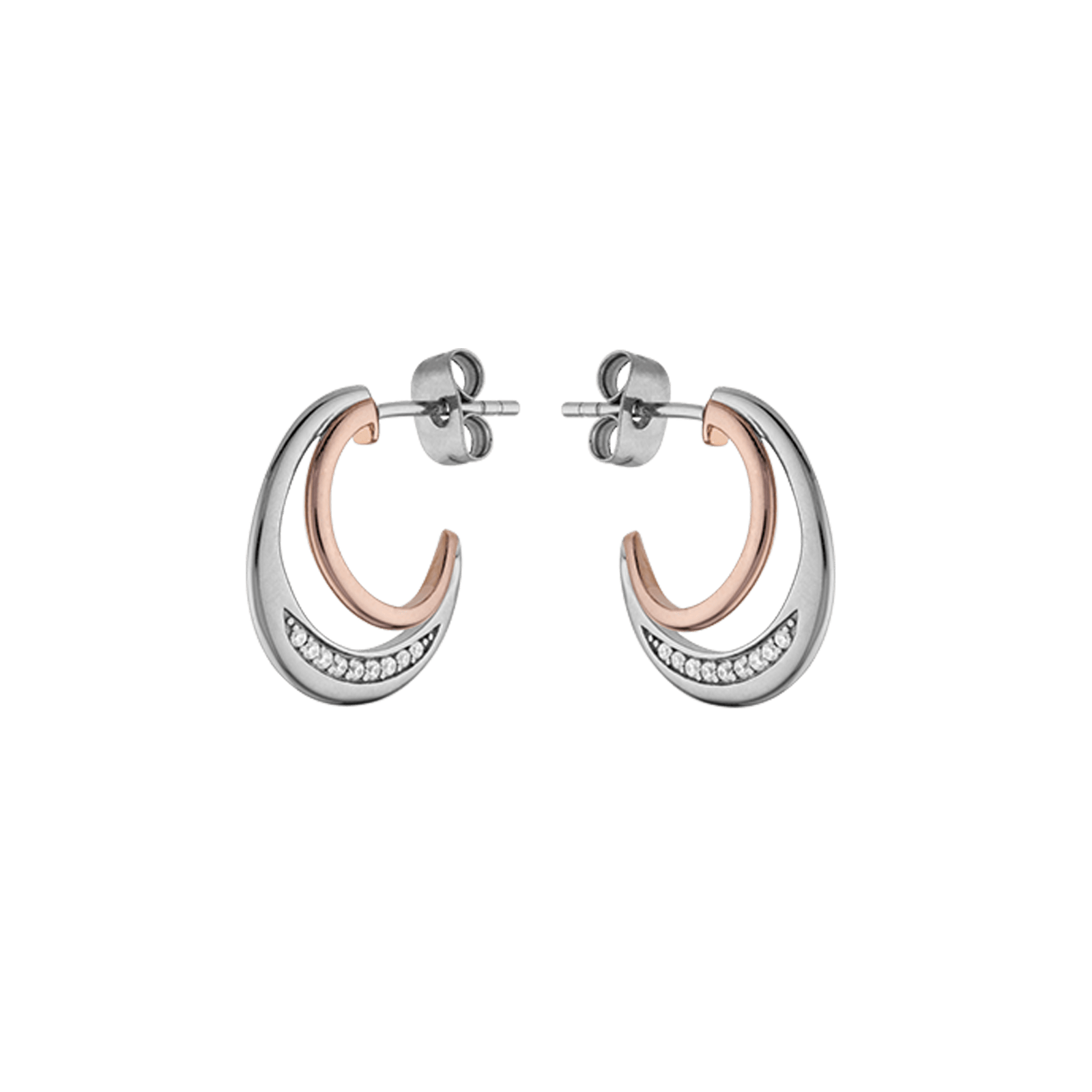 Créoles argent bicolore deux rangs lisse et sertie oxyde de zirconium