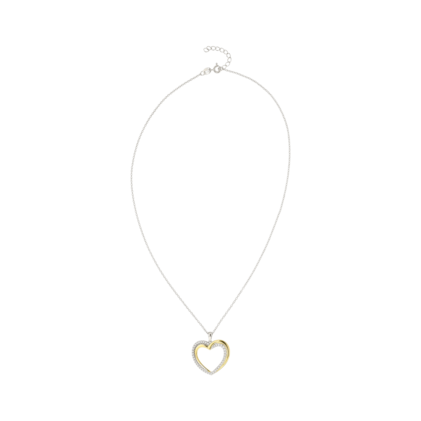 Collier Argent Rhodié Pendentif double coeur Lisse et sertie Oxyde de Zirconium