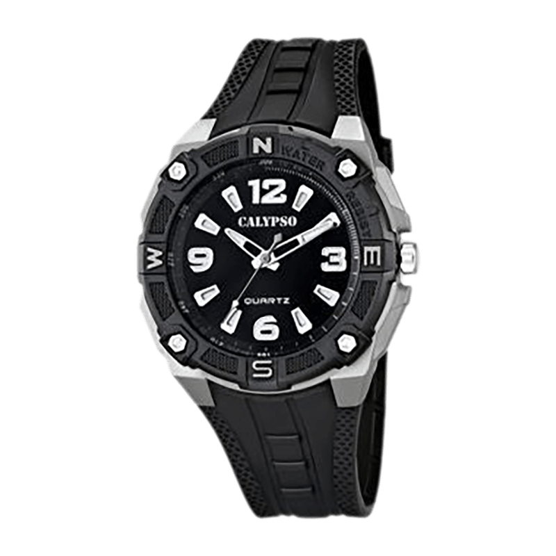 Montre Homme Calypso "Street Style" Boîtier Plastique Noir 43.5-47mm, Cadran Noir Index Blancs, Bracelet Caoutchouc Noir  Analogique –K5634/1