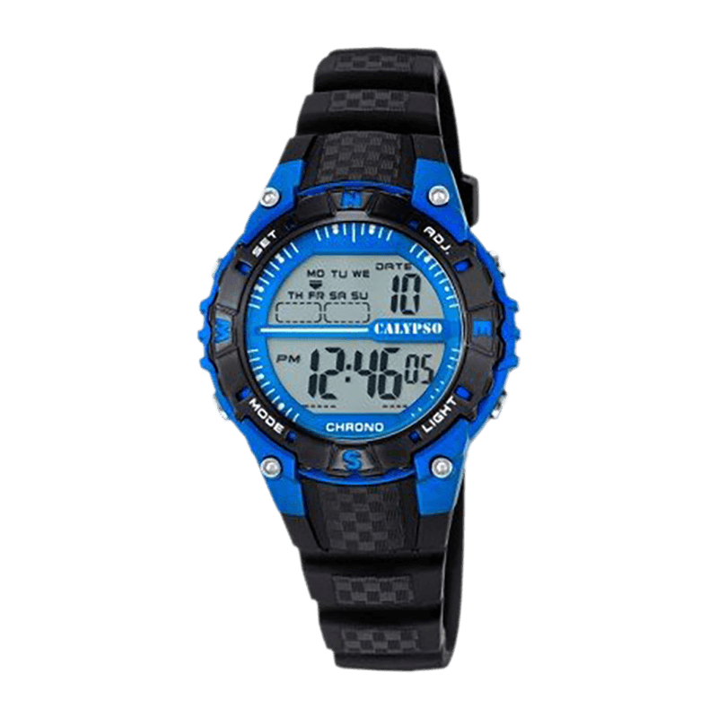 Montre Garçon Calypso Kids Junior "Digital Crush" Boîtier Plastique Bleu 38mm, Cadran Gris/Noir Digital, Bracelet Silicone Noir Étanche 100m – K5684/5