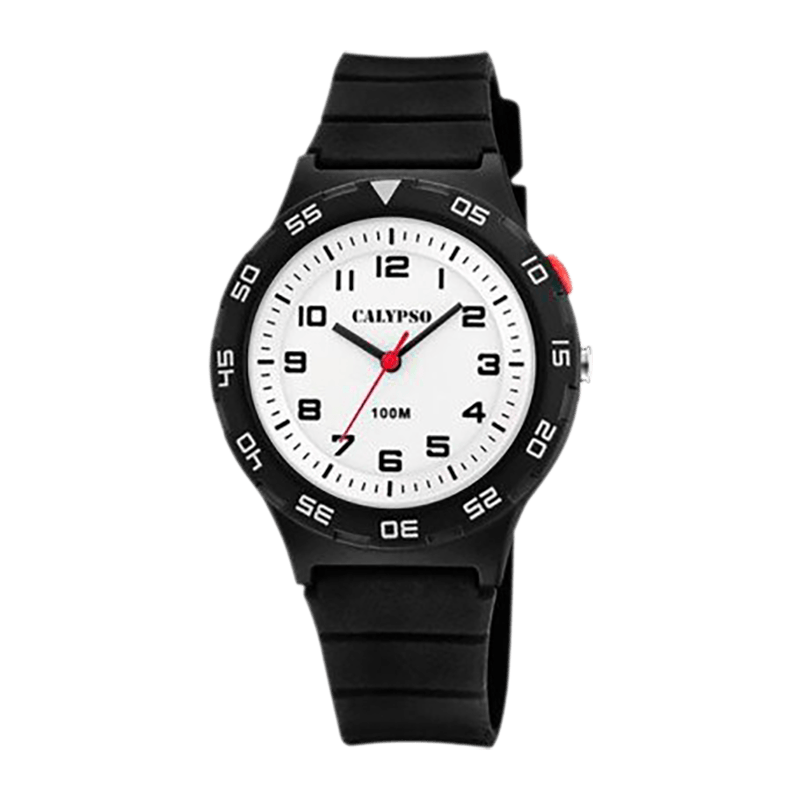 Montre Garçon Calypso "Sweet Time" Boîtier Plastique 36mm, Cadran Blanc Index Arabes Trotteuse Rouge, Lunette Tournante, Bracelet Silicone Noir, Éclairage  Étanche 100m – K5797/4