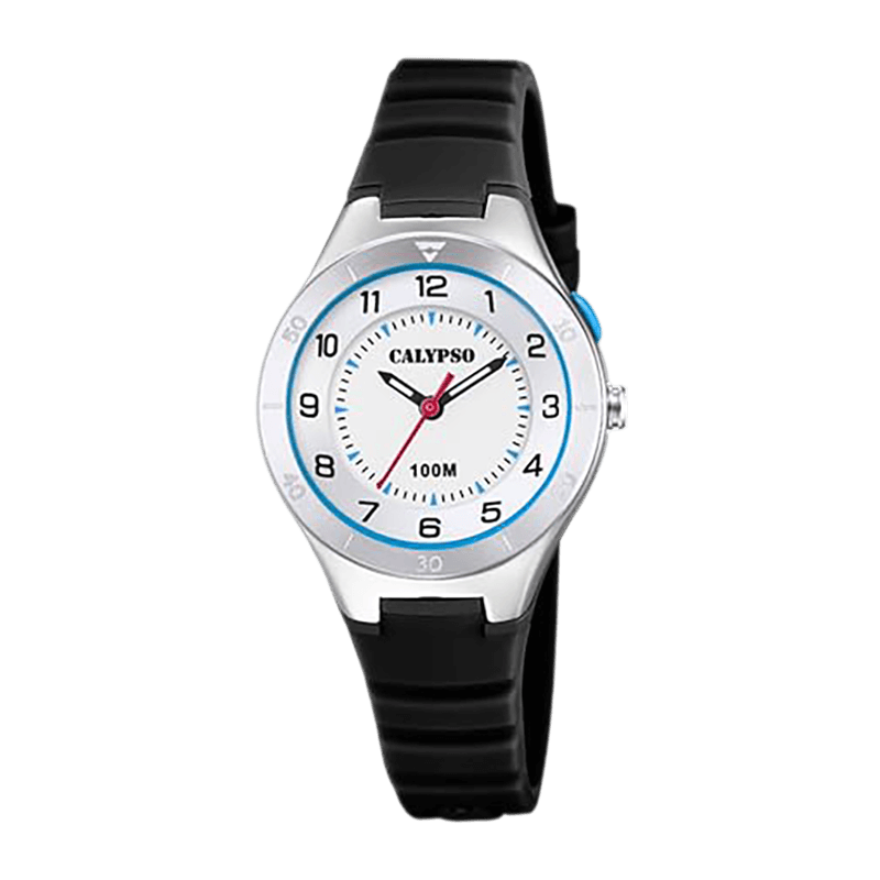 Montre Garçon Calypso "Junior Collection" Boîtier Plastique 31-32mm, Cadran Blanc, Bracelet Silicone Noir, Éclairage Étanche 100m – K5800/4