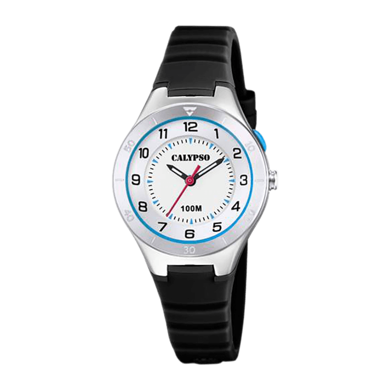 Montre Garçon Calypso "Junior Collection" Boîtier Plastique 31-32mm, Cadran Blanc, Bracelet Silicone Noir, Éclairage Étanche 100m – K5800/4