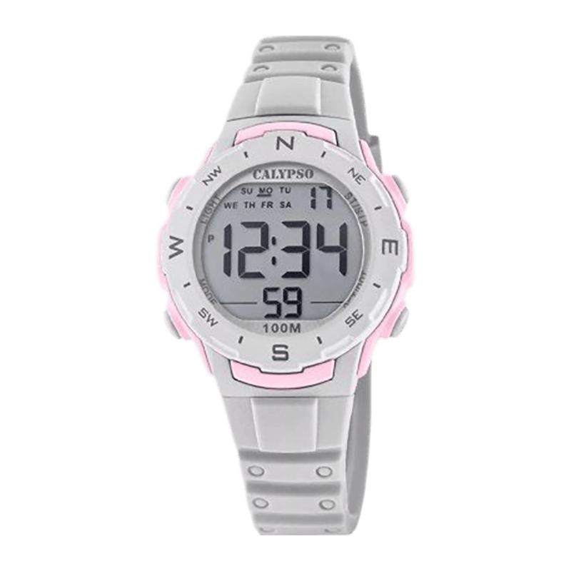 Montre Fille Calypso "Junior" Boîtier Plastique Gris/Rose 35mm, Digital, Bracelet Résine Gris Étanche 100m – K5801/1