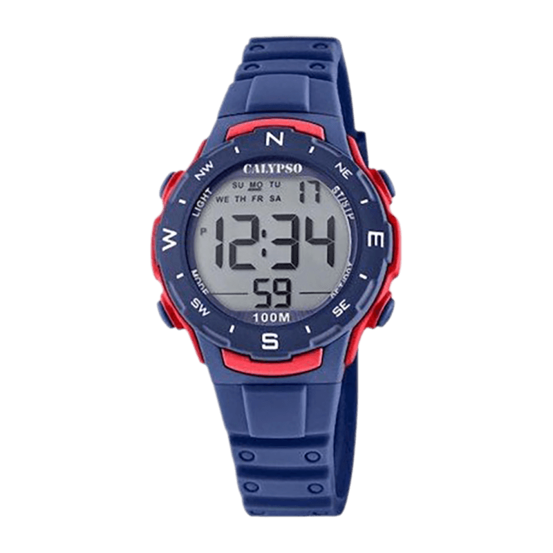 Montre Garçon Calypso "Junior" Boîtier Plastique Bleu Marine 36mm, Digital LCD, Bracelet Résine Bleu Marine Étanche 100m – K5801/4