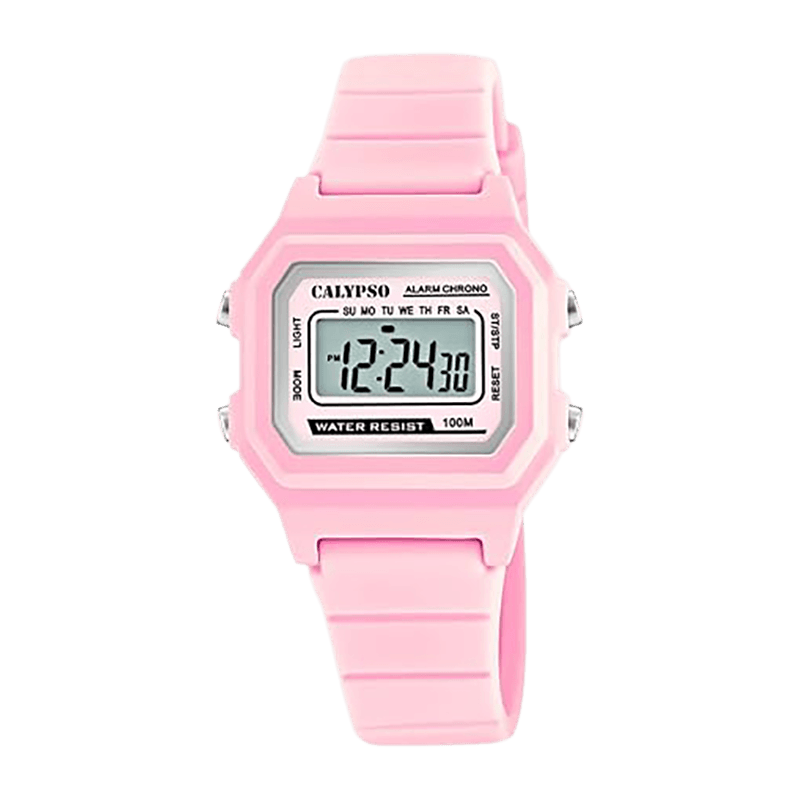 Montre Fille Calypso "Digital Crush" Boîtier Plastique Rose Rectangulaire 30x34mm, Digital LCD, Bracelet Silicone Rose Étanche 100m – K5802/3