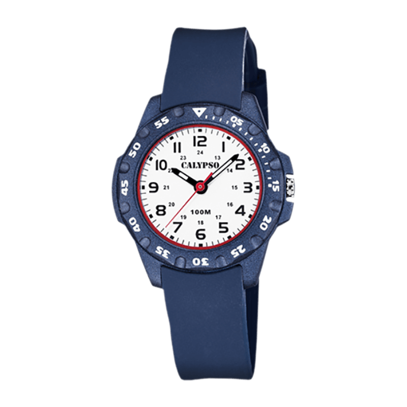 Montre Garçon Calypso "Junior Collection" Boîtier Plastique Bleu 30-32mm, Cadran Blanc Liseré Rouge, Lunette Tournante, Bracelet Silicone Bleu Étanche 100m –K5821/1