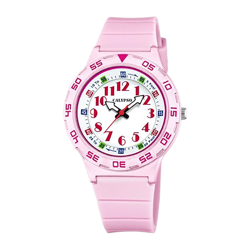 Montre Fille Calypso "My First Watch"  Boîtier Plastique Rose 36.5mm, Cadran Blanc, Analogique, Bracelet Silicone Rose Étanche 100m – K5828/1