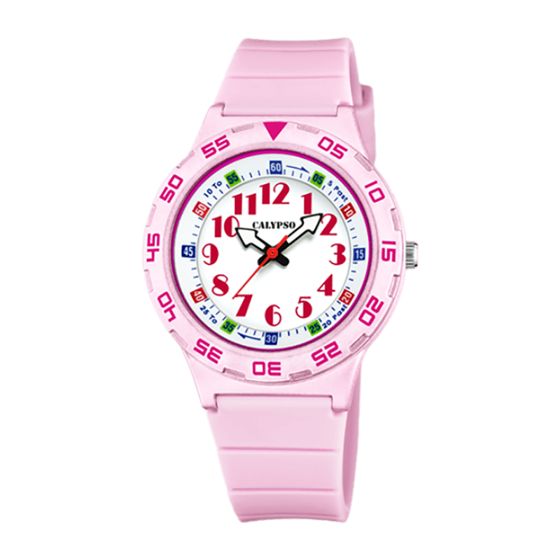 Montre Fille Calypso "My First Watch"  Boîtier Plastique Rose 36.5mm, Cadran Blanc, Analogique, Bracelet Silicone Rose Étanche 100m – K5828/1
