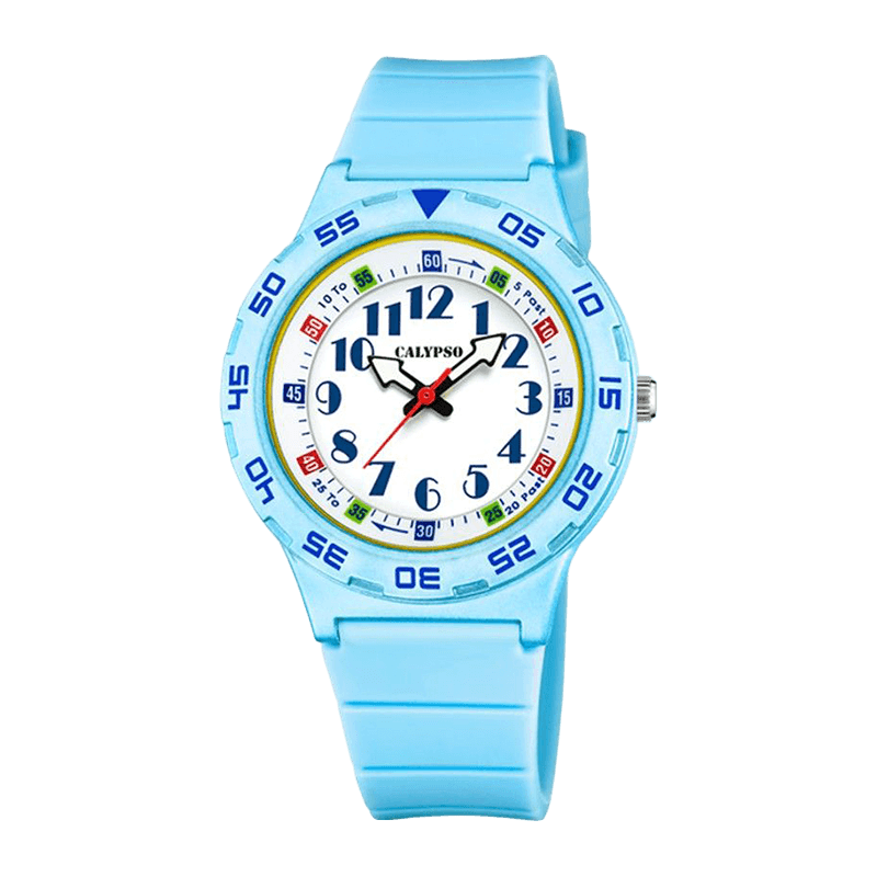 Montre Enfant Calypso "My First Watch" Boîtier Plastique 36mm, Cadran Blanc, Bracelet Plastique Bleu Azuré, Analogique Étanche 100m –K5828/2