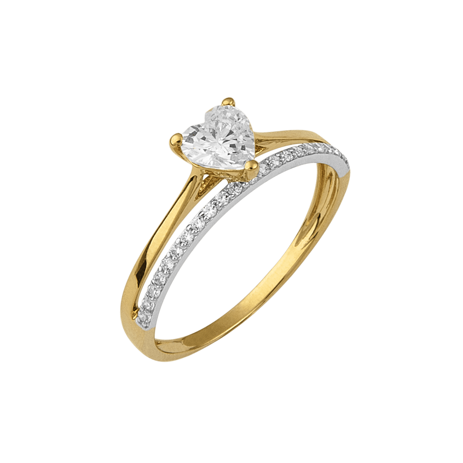 Bague solitaire cœur et demi-alliance, oxydes, Or 9 carats, taille 60