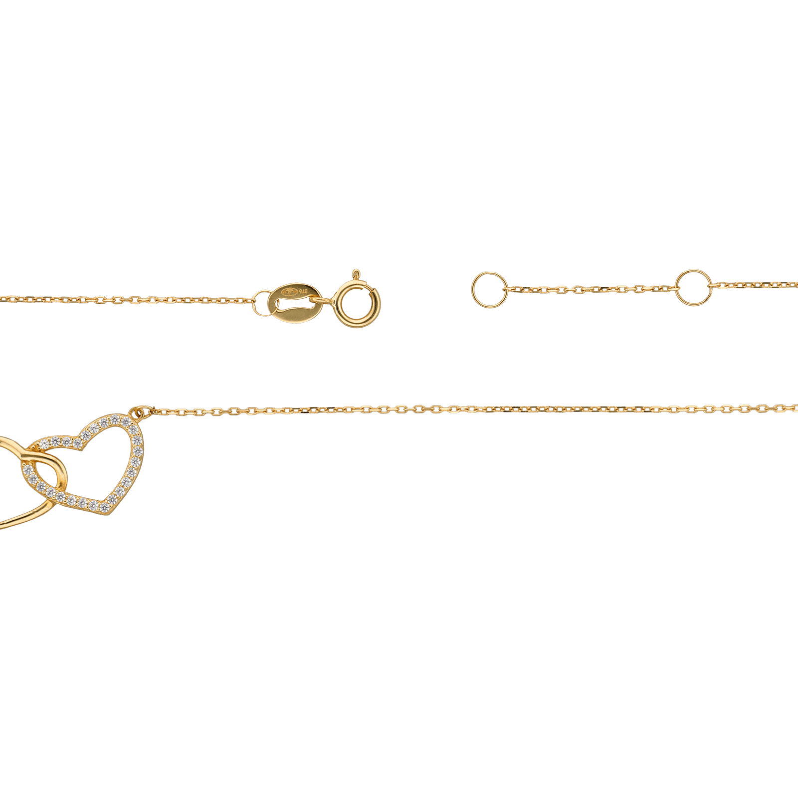 Collier 2 coeurs enlacés pavé Oxyde de Zirconium plus Lisse 40 plus 5 centimètres