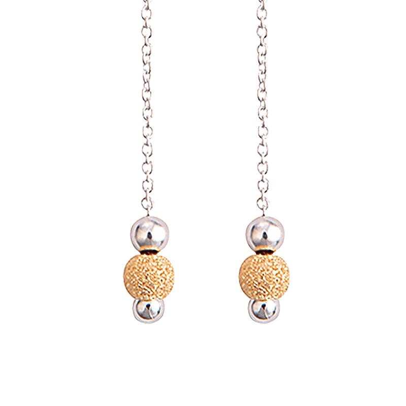 Boucles d'Oreilles Argent Pendentif 2 boules chaînette Alterné lisse et laser Bicolore 4-8mm