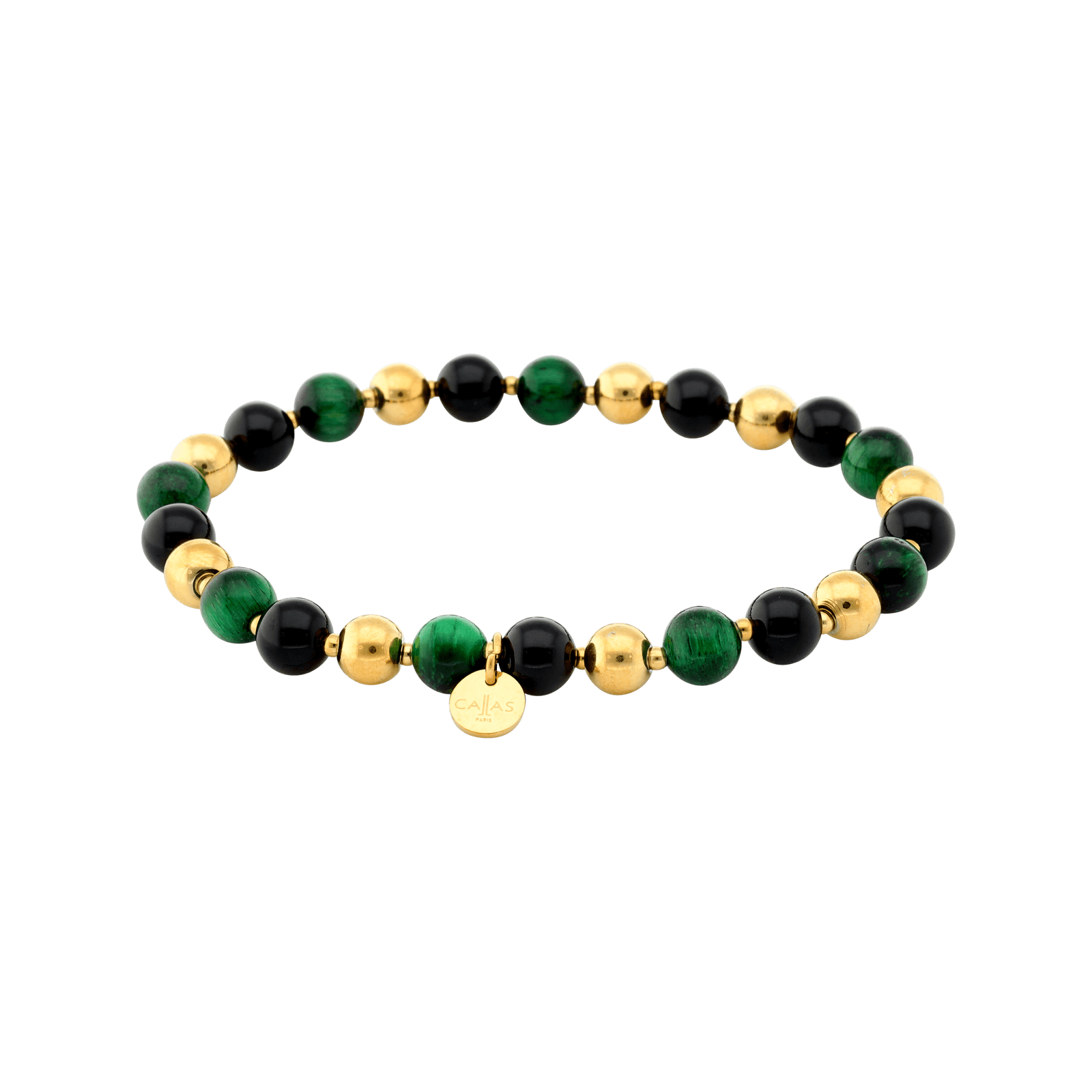 Bracelet Callas Acier doré élastiques boules vertes 6 millimètres