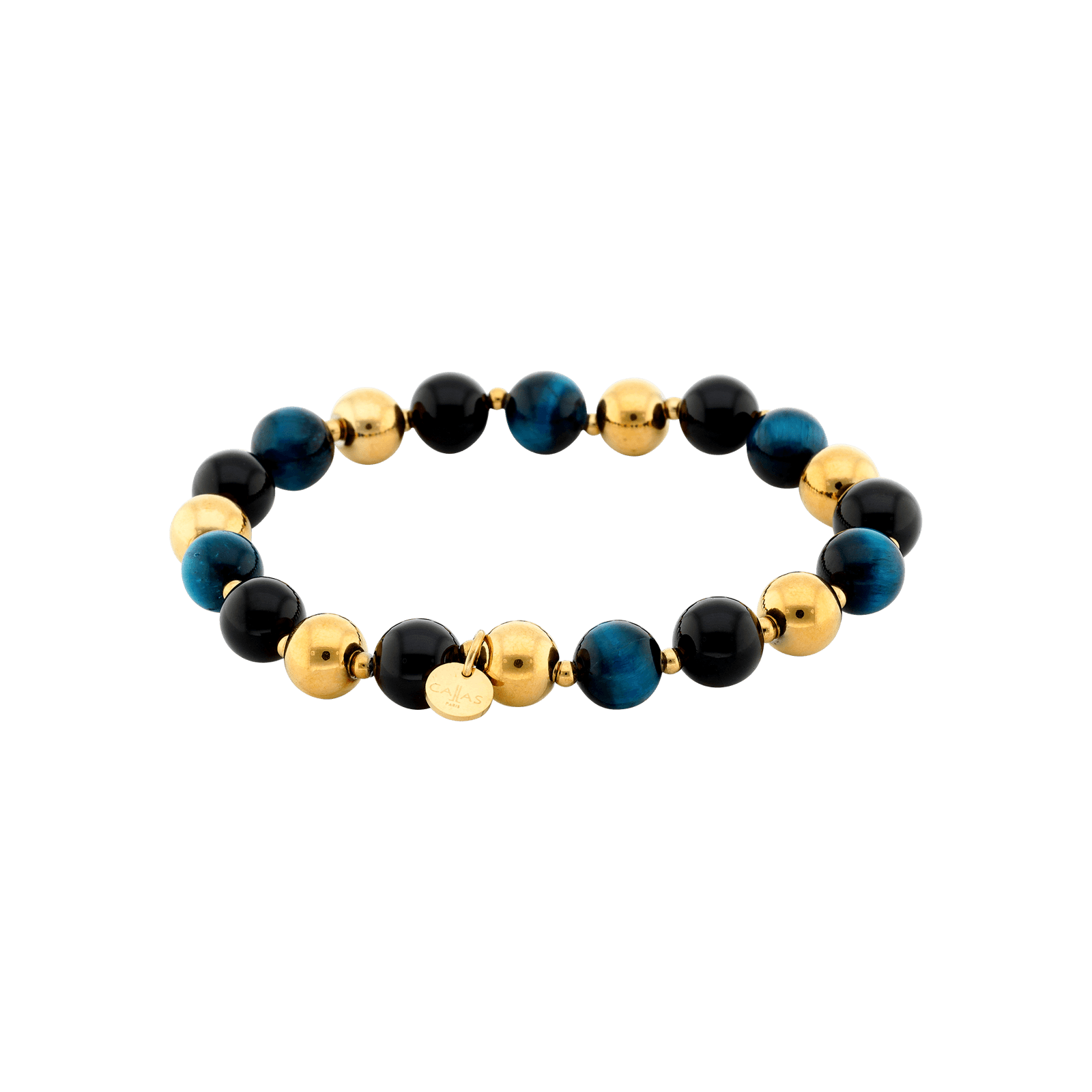 Bracelet Callas élastique en acier doré avec boules d’agate noires et bleu clair de 8 mm