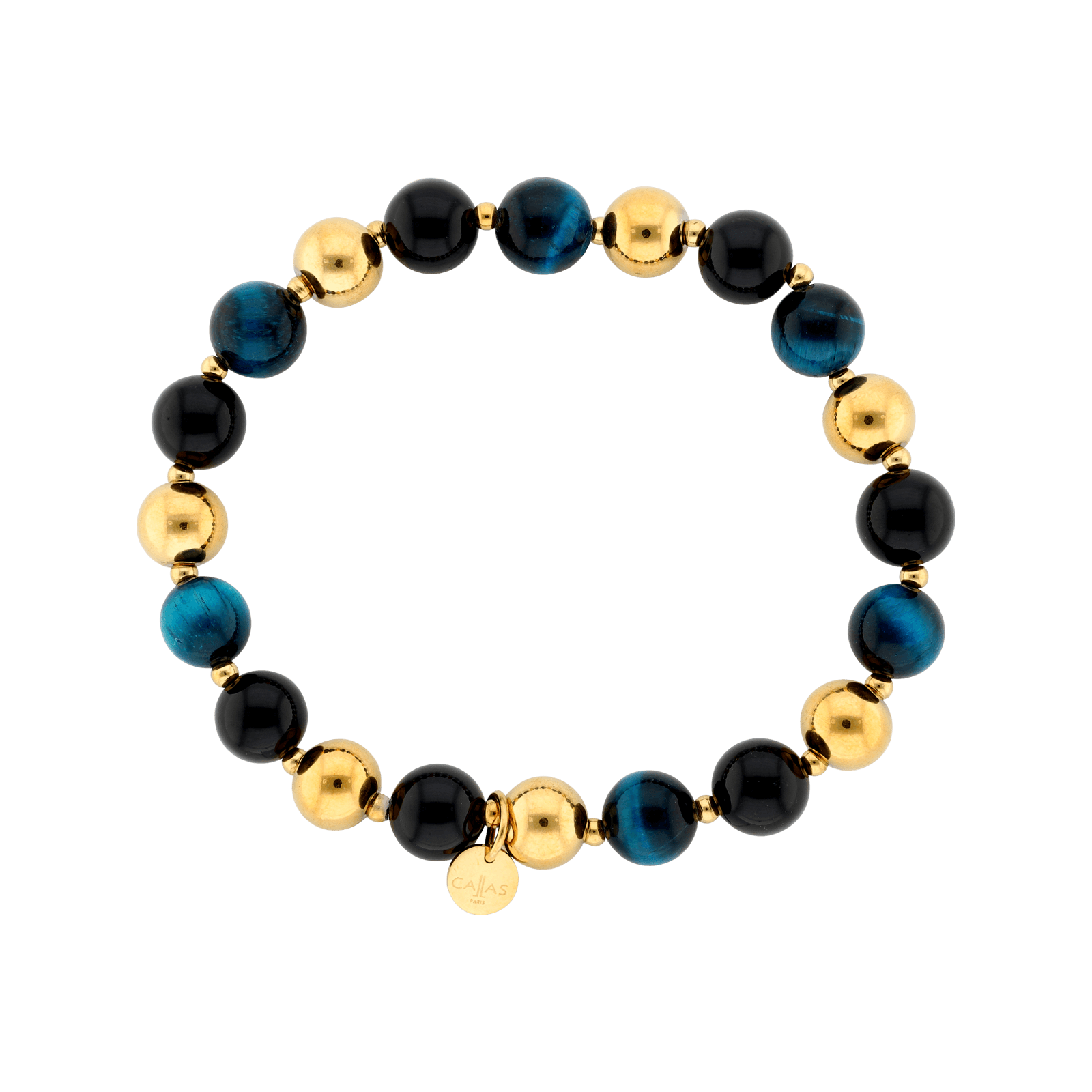 Bracelet Callas élastique en acier doré avec boules d’agate noires et bleu clair de 8 mm