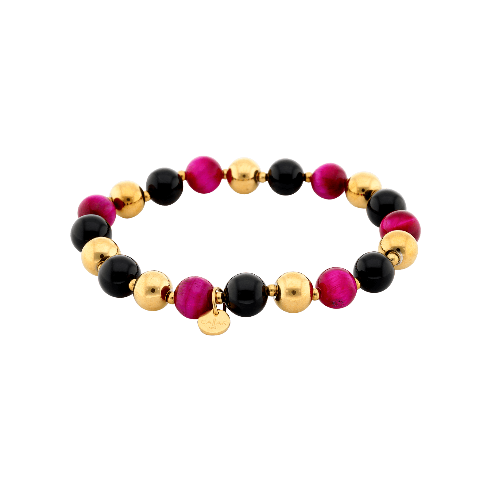 Bracelet Callas élastique en acier doré avec boules d’agate noires et fuchsia de 8 mm