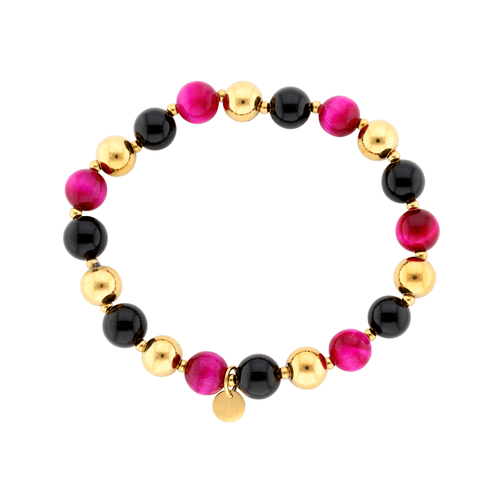 Bracelet Callas élastique en acier doré avec boules d’agate noires et fuchsia de 8 mm