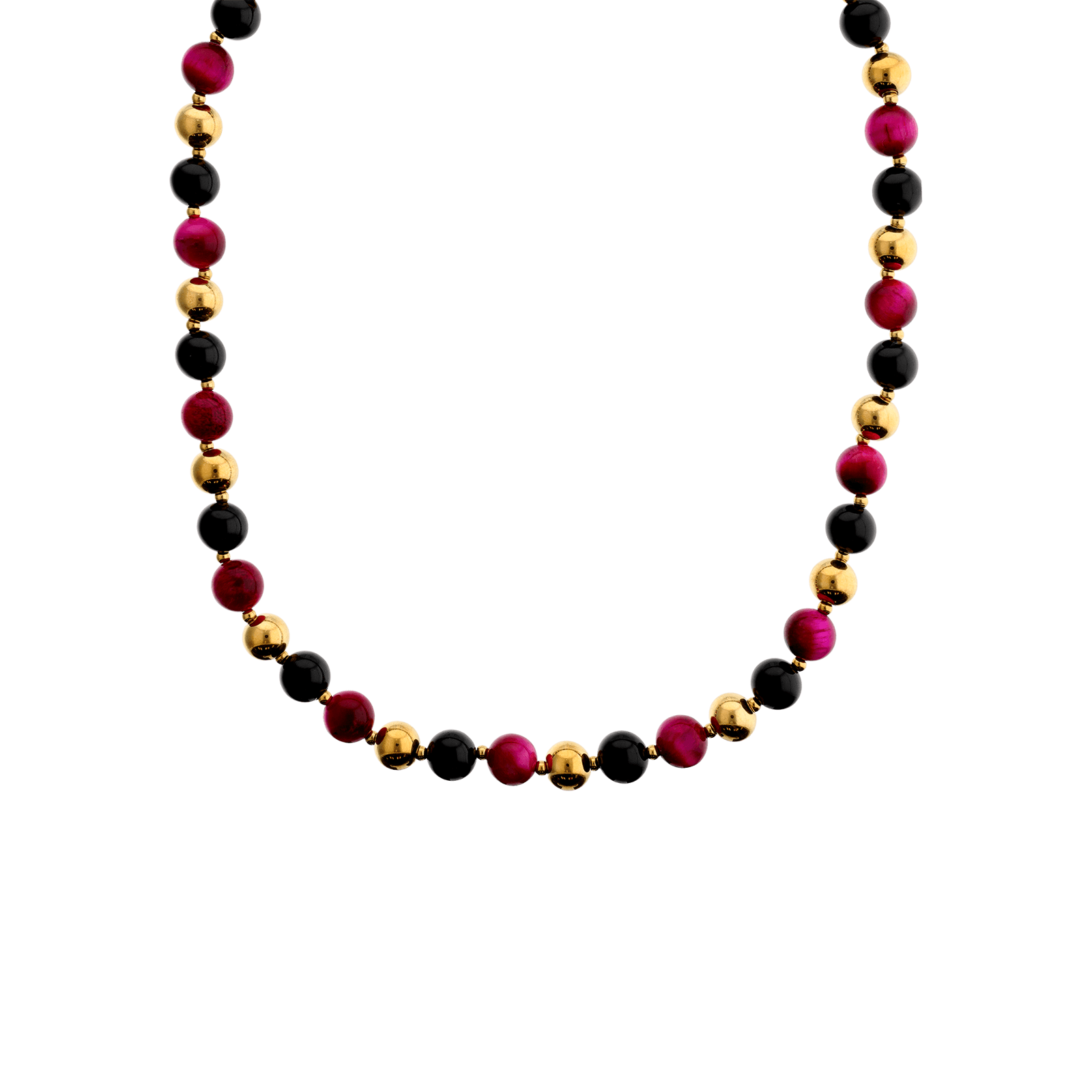 Collier Callas en acier doré avec boules d’agate noires et fuchsia de 8 mm, 42 cm avec rallonge de 3 cm