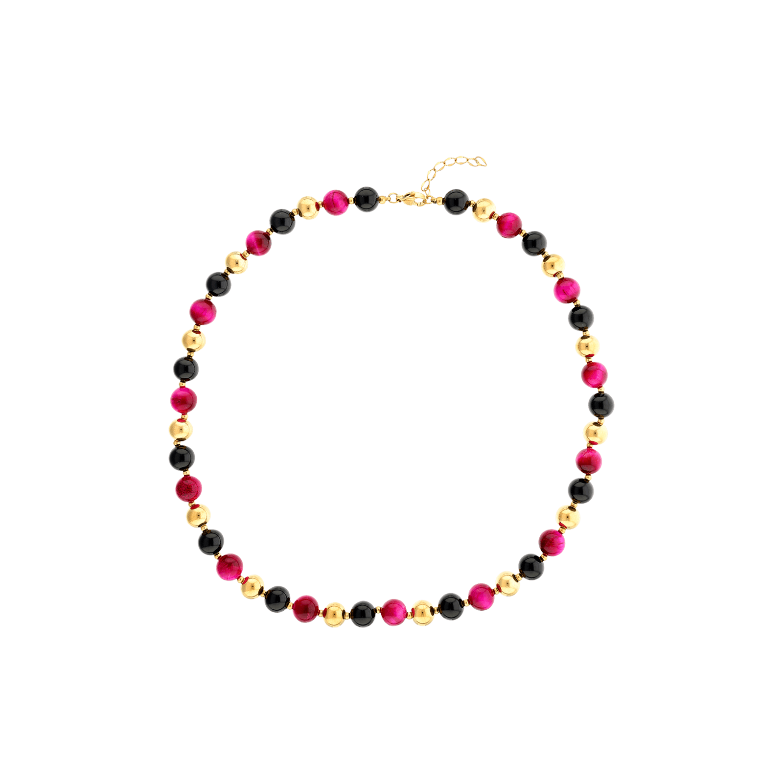 Collier Callas en acier doré avec boules d’agate noires et fuchsia de 8 mm, 42 cm avec rallonge de 3 cm
